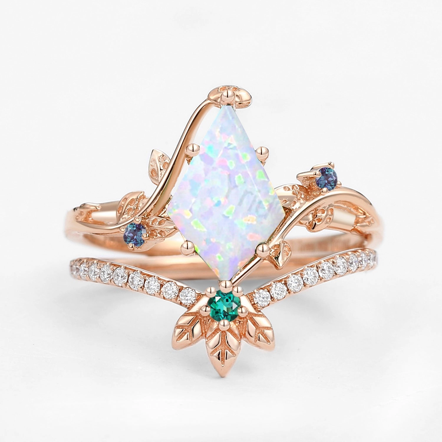 Exclusive Glow Style Detail Unique Opal & Alexandrite & Emerald Three Leaves Engagement Ring Set 2pcs - Mermaid
