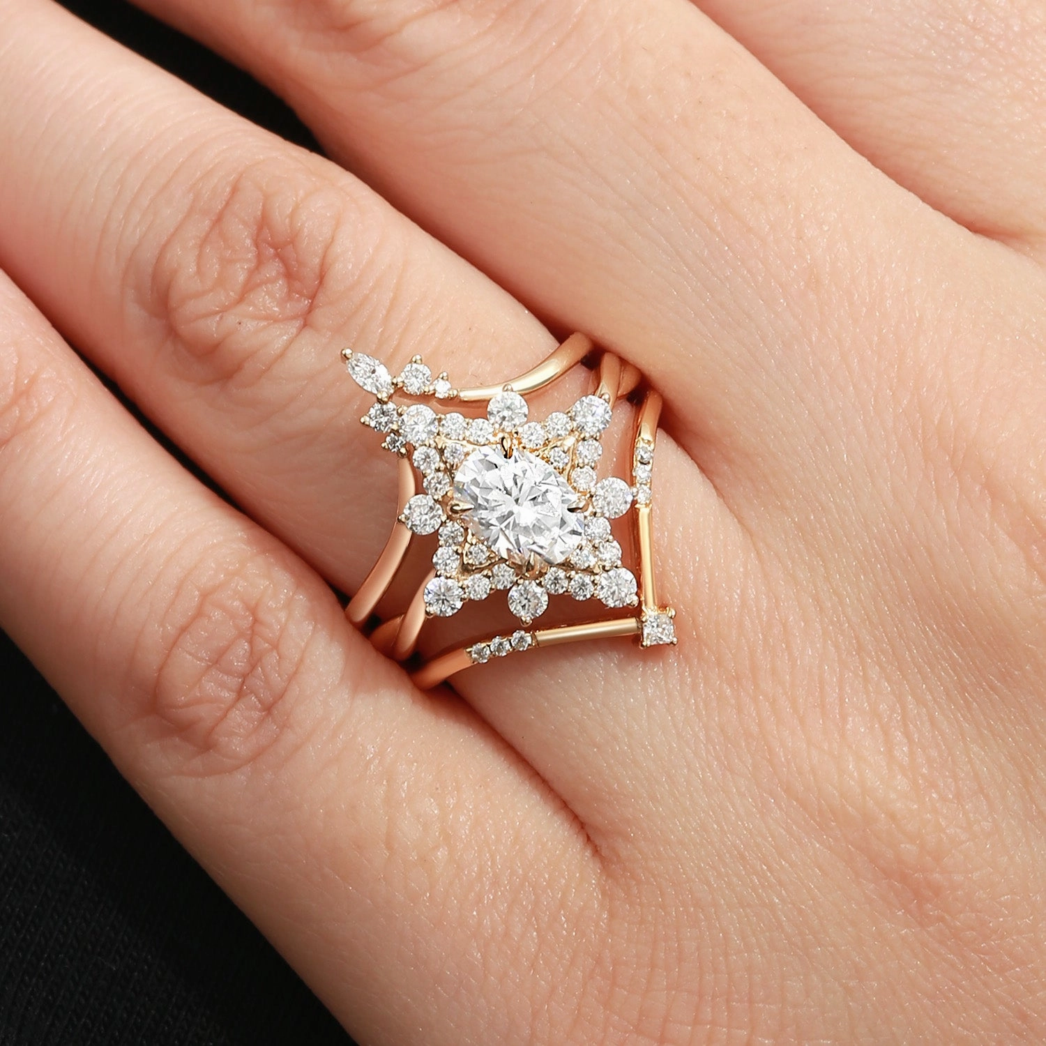 Unique Oval Cut Moissanite Chevron Engagement Ring Set 3pcs Versatile Design