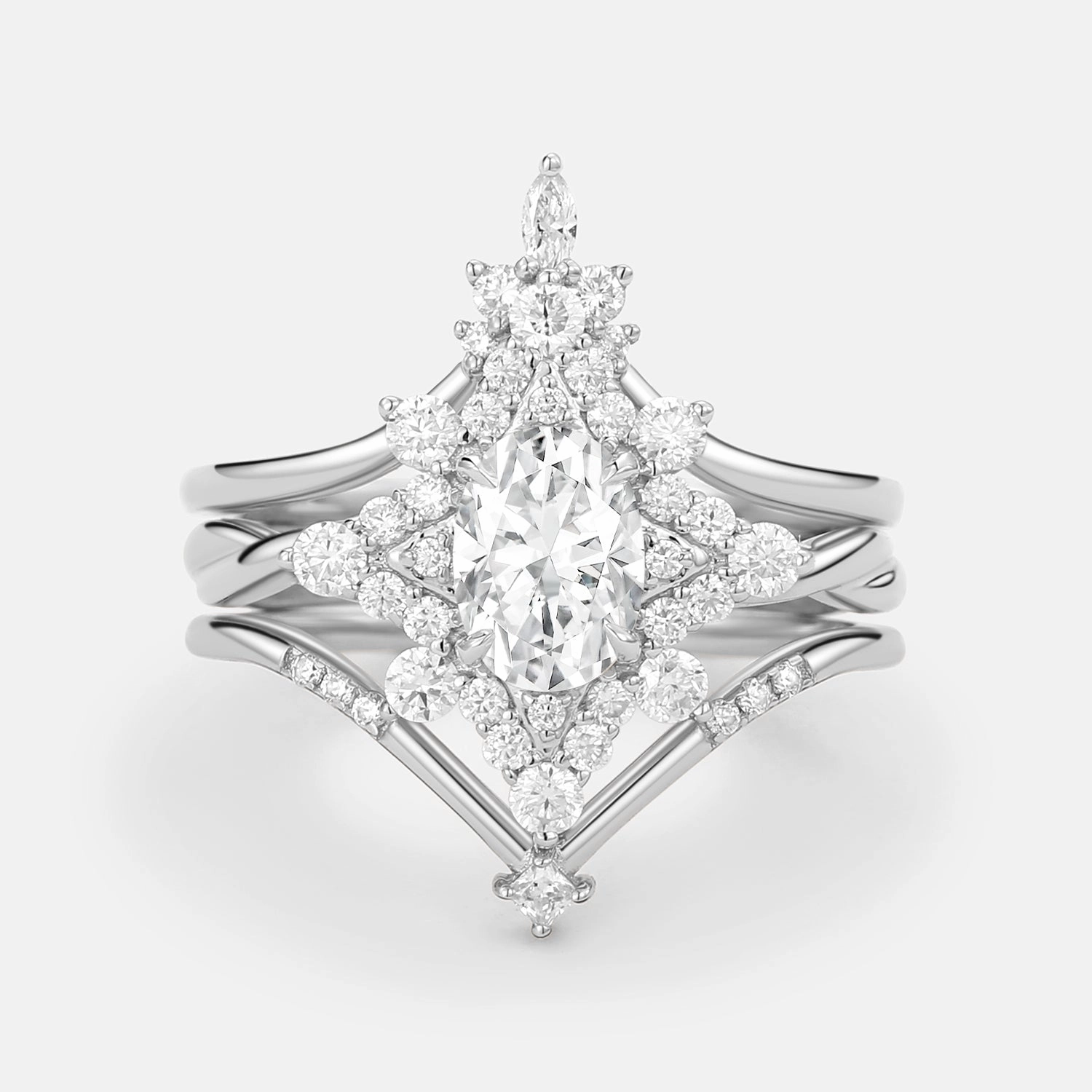 Bold Details Exclusive Glow Unique Oval Cut Moissanite Chevron Engagement Ring Set 3pcs