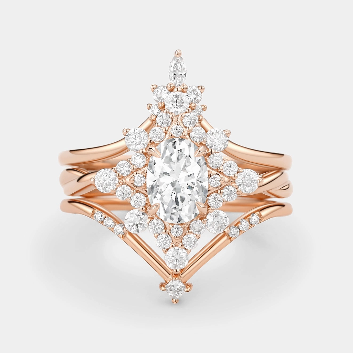 Unique Oval Cut Moissanite Chevron Engagement Ring Set 3pcs Shimmering Effect