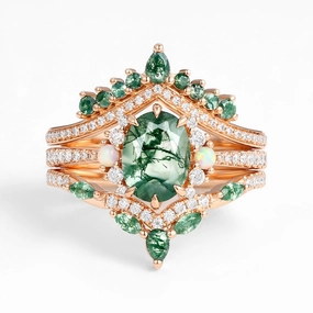 Sleek Touch Unique Oval Cut Moss Agate Opal Engagement Ring Set 3pcs - Ethan