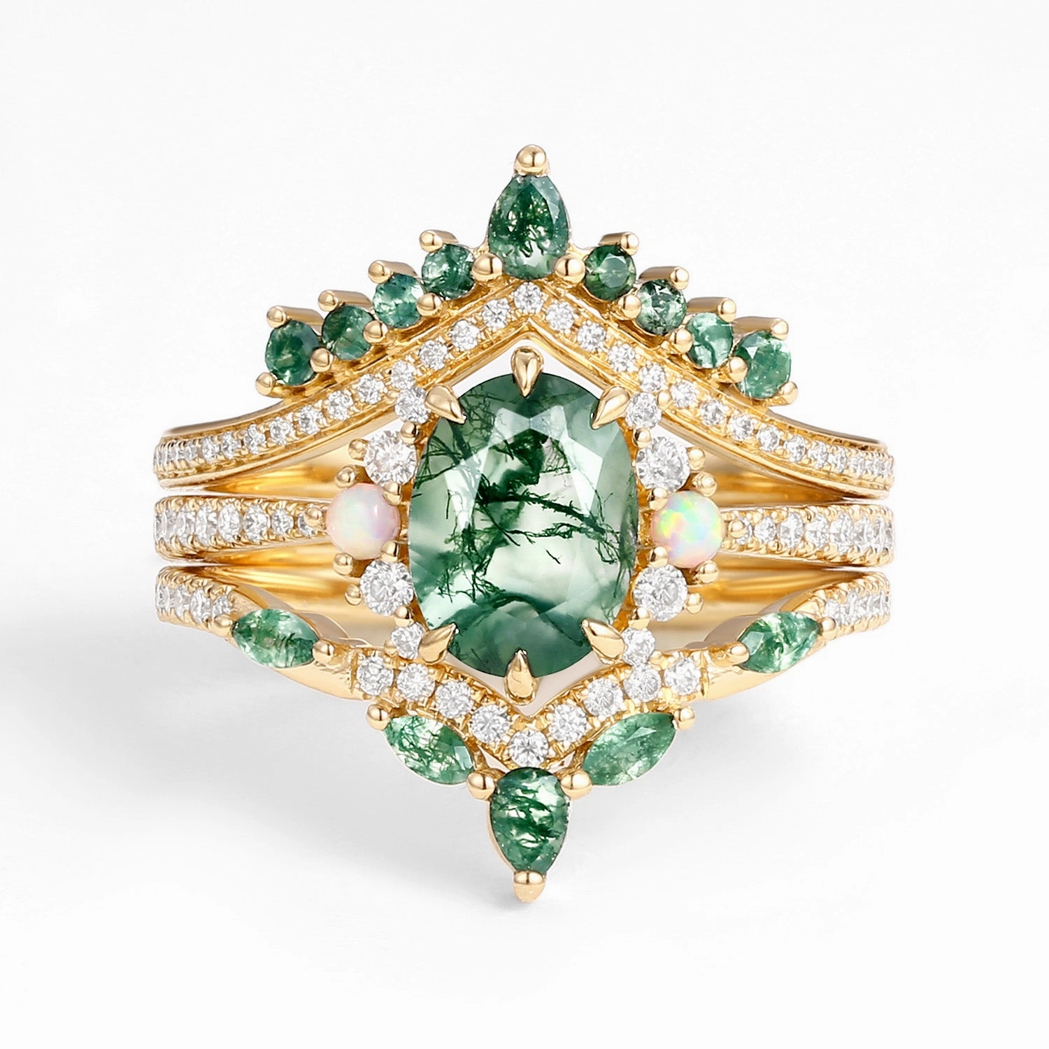 Signature Touch Unique Oval Cut Moss Agate Opal Engagement Ring Set 3pcs - Ethan