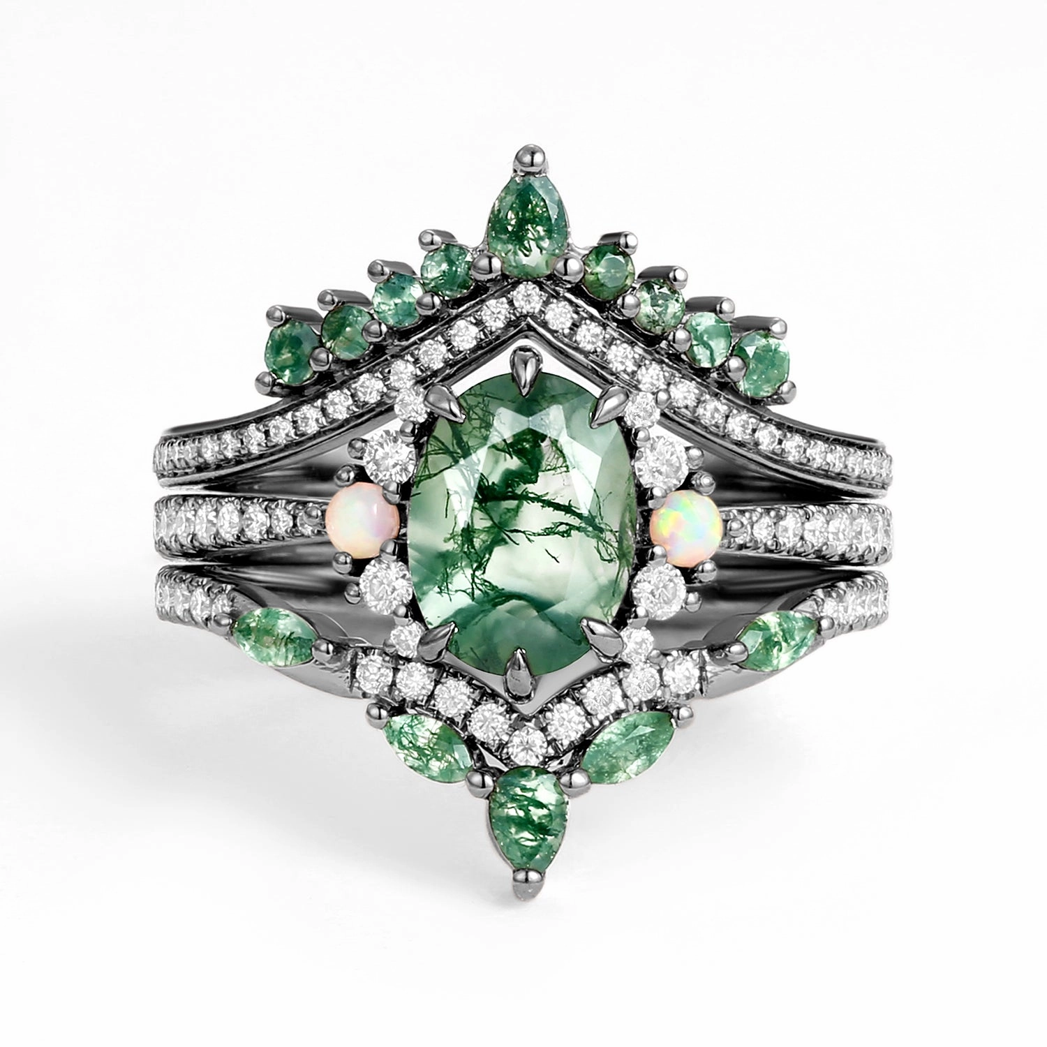 Timeless Fashion Unique Oval Cut Moss Agate Opal Engagement Ring Set 3pcs - Ethan