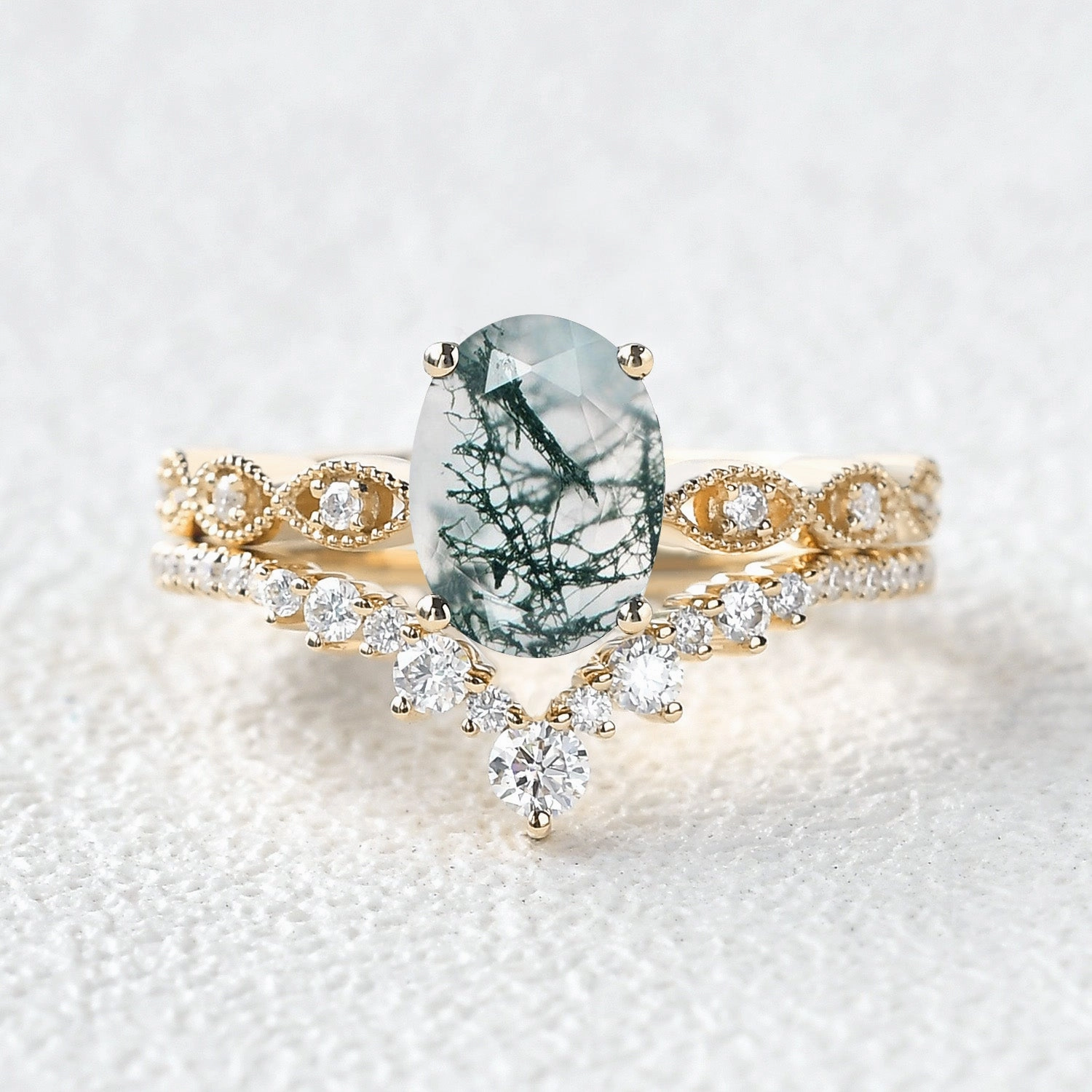 Unique Oval Moss Agate Signature Vintage Ring Set 2pcs Custom Finish