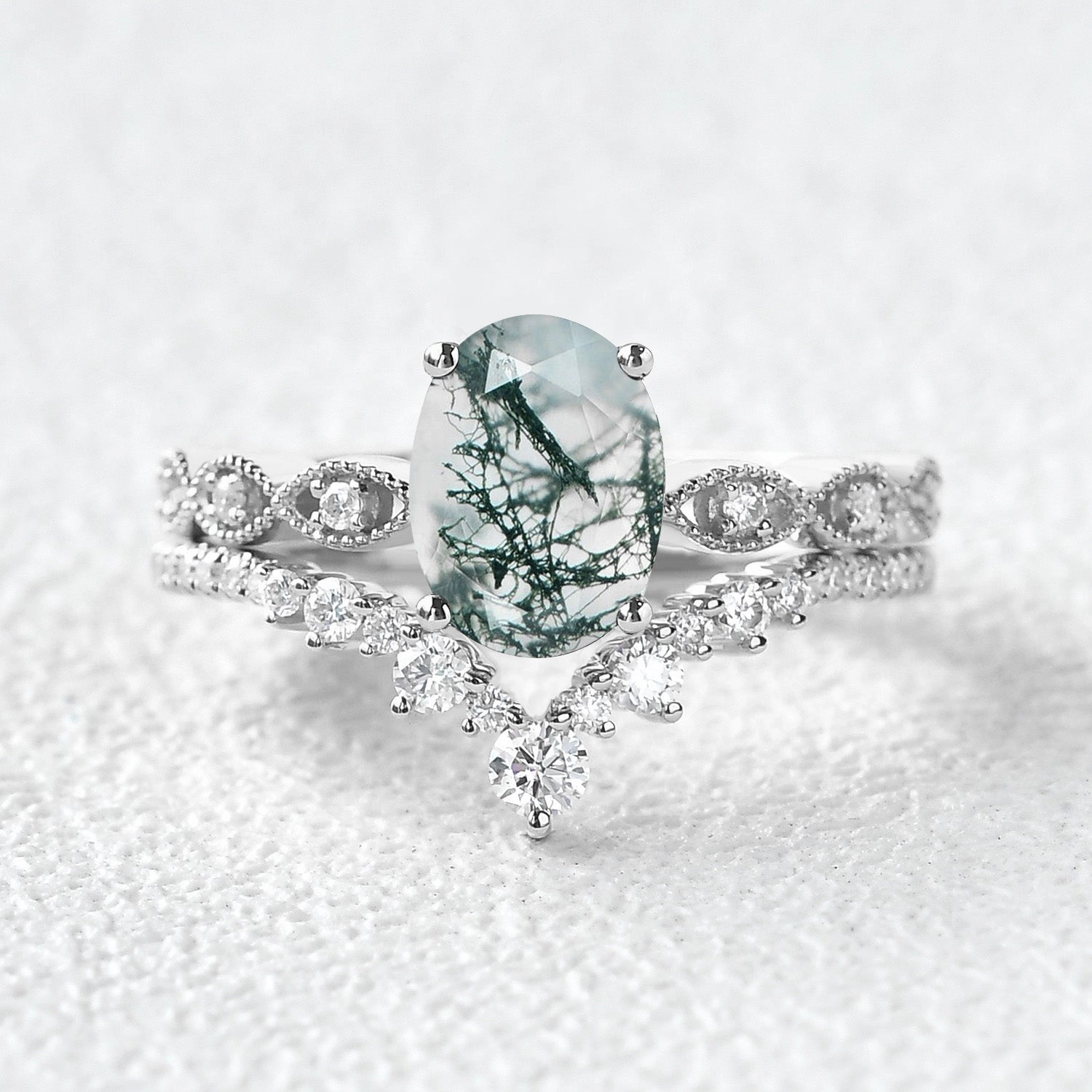 Radiant Look Party Favorite Unique Oval Moss Agate Signature Vintage Ring Set 2pcs