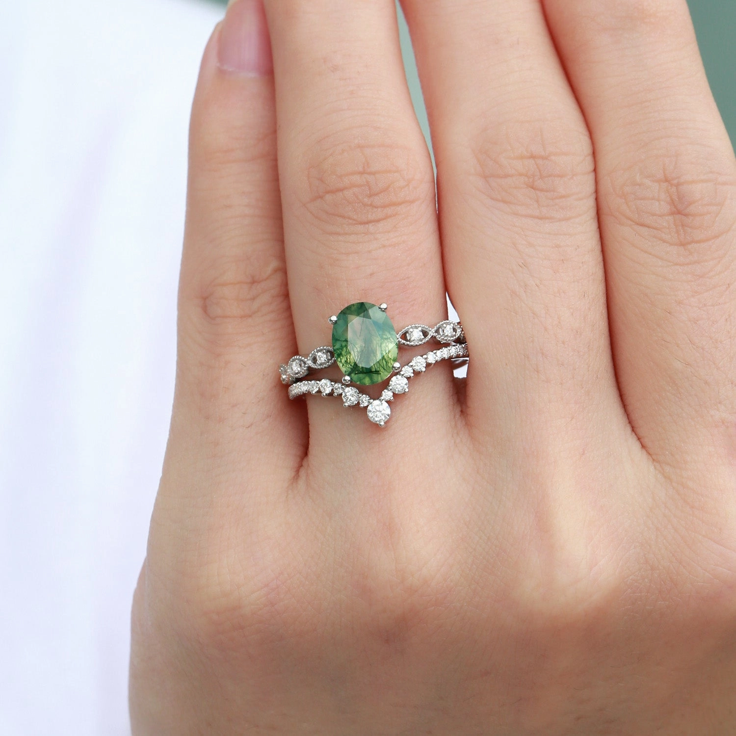 Unique Oval Moss Agate Signature Vintage Ring Set 2pcs Workwear Style