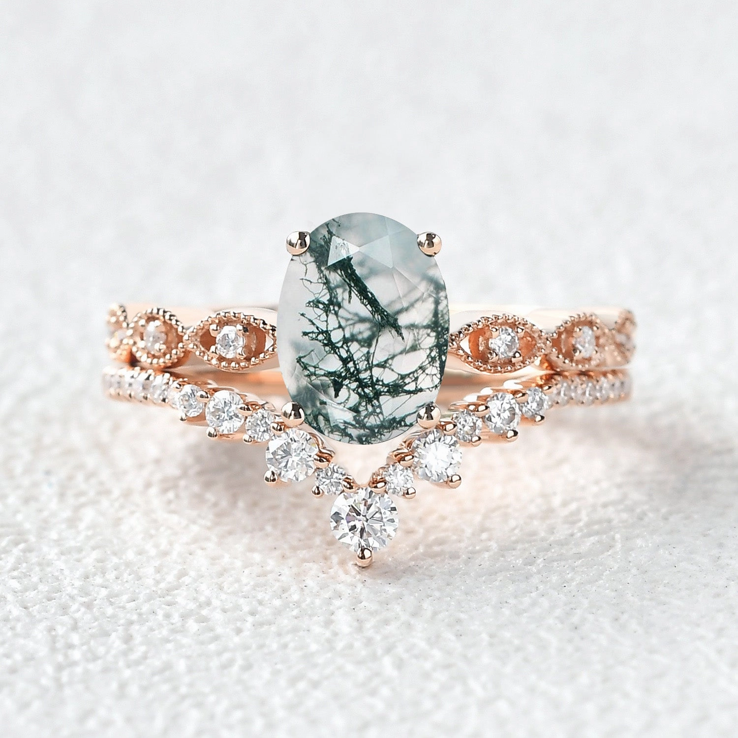 Shimmer Light Elegant Beauty Unique Oval Moss Agate Signature Vintage Ring Set 2pcs