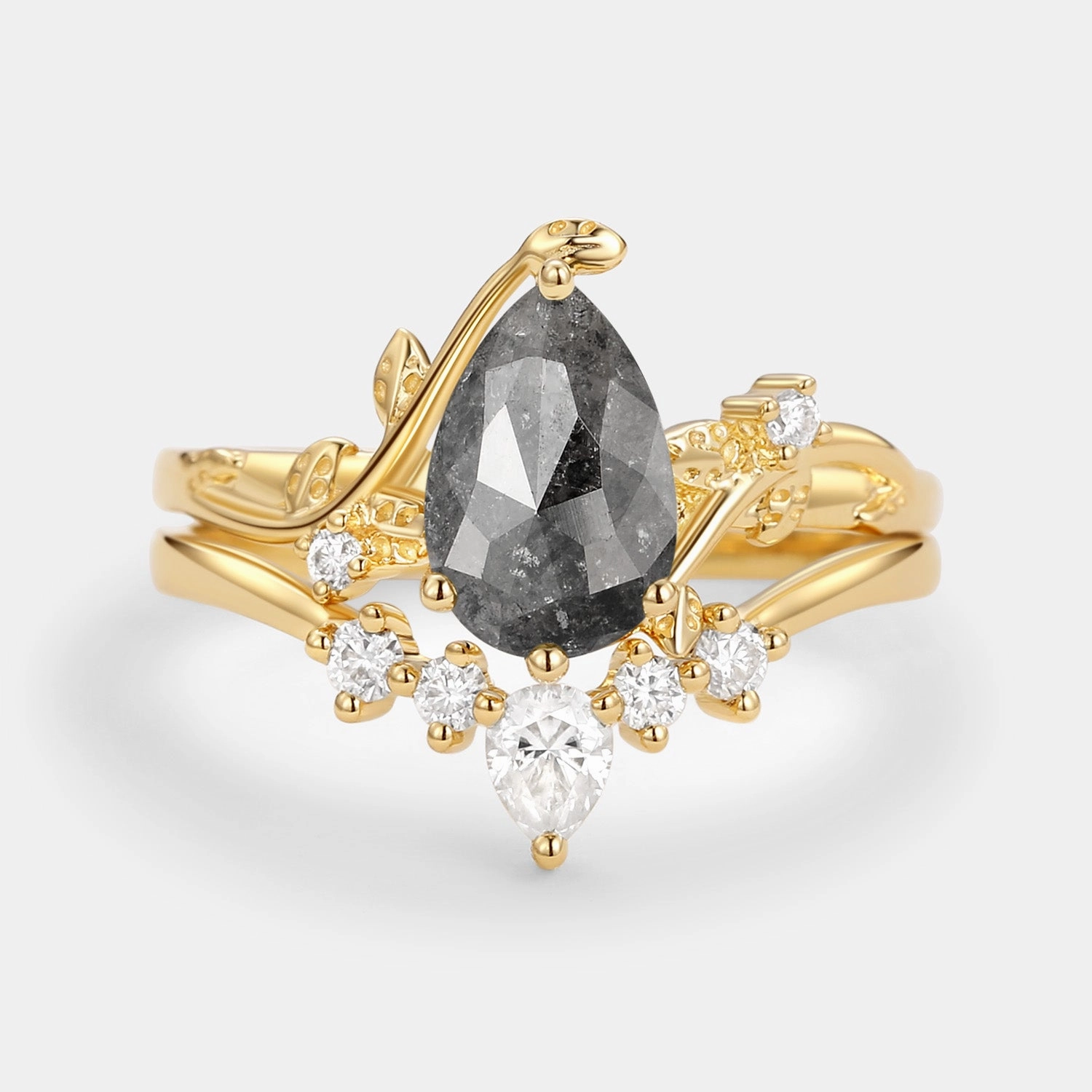 Shiny Accent Shining Feature Unique Pear Shaped Moss Agate Leafy Bridal Ring Sets 2pcs - Willow