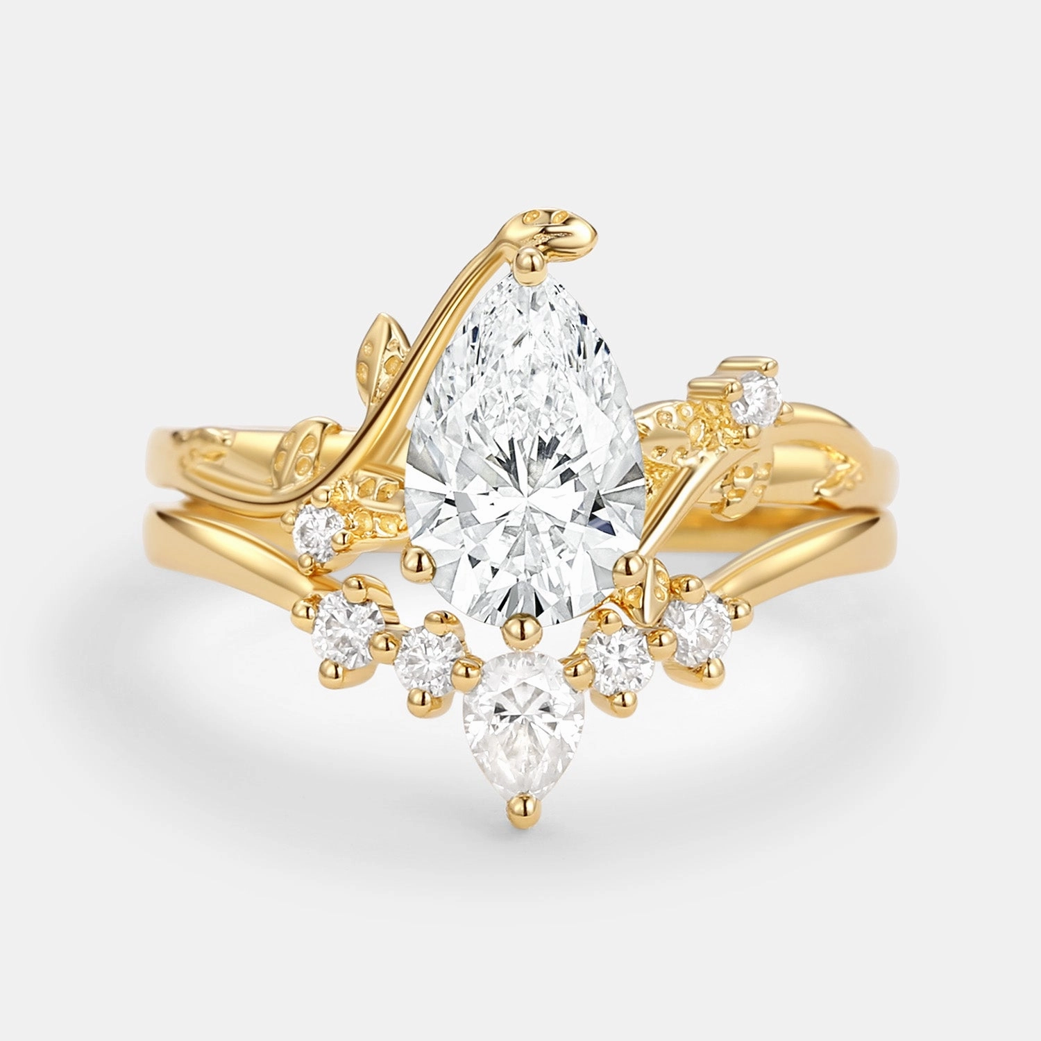 Unique Pear Shaped Moss Agate Leafy Bridal Ring Sets 2pcs - Willow Rich Texture