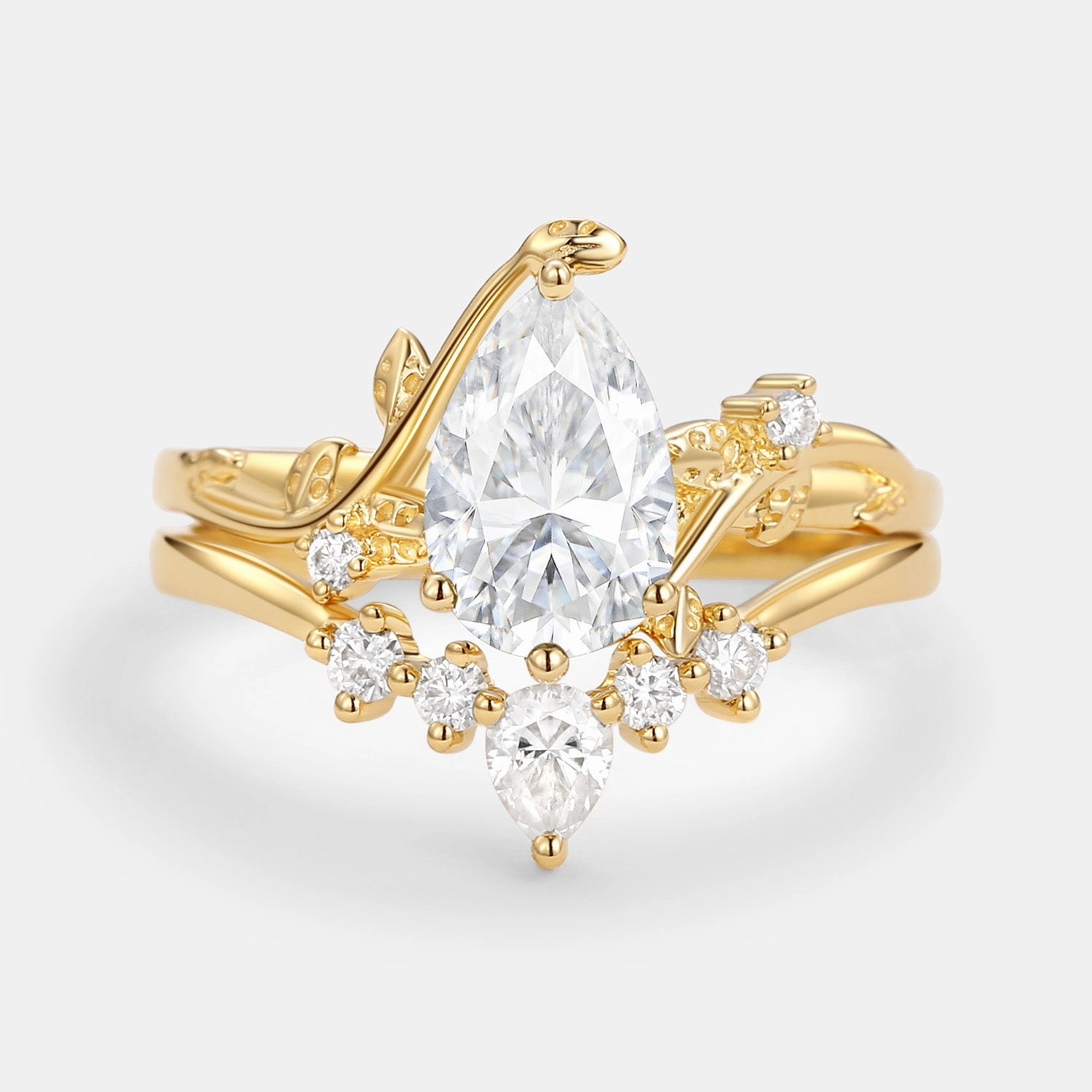 Graceful Elegance Unique Pear Shaped Moss Agate Leafy Bridal Ring Sets 2pcs - Willow