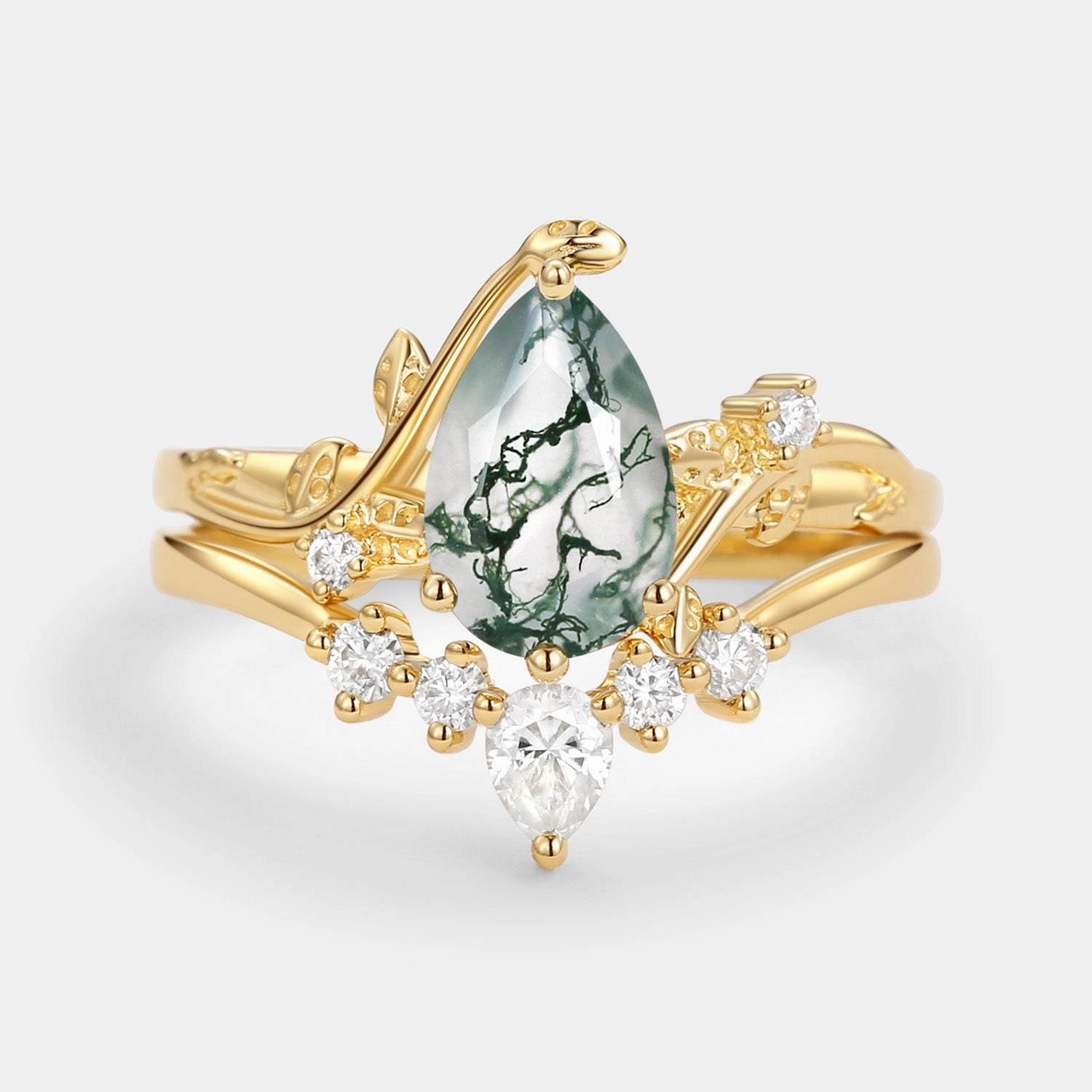 Minimal Highlight Refined Elegance Unique Pear Shaped Moss Agate Leafy Bridal Ring Sets 2pcs - Willow