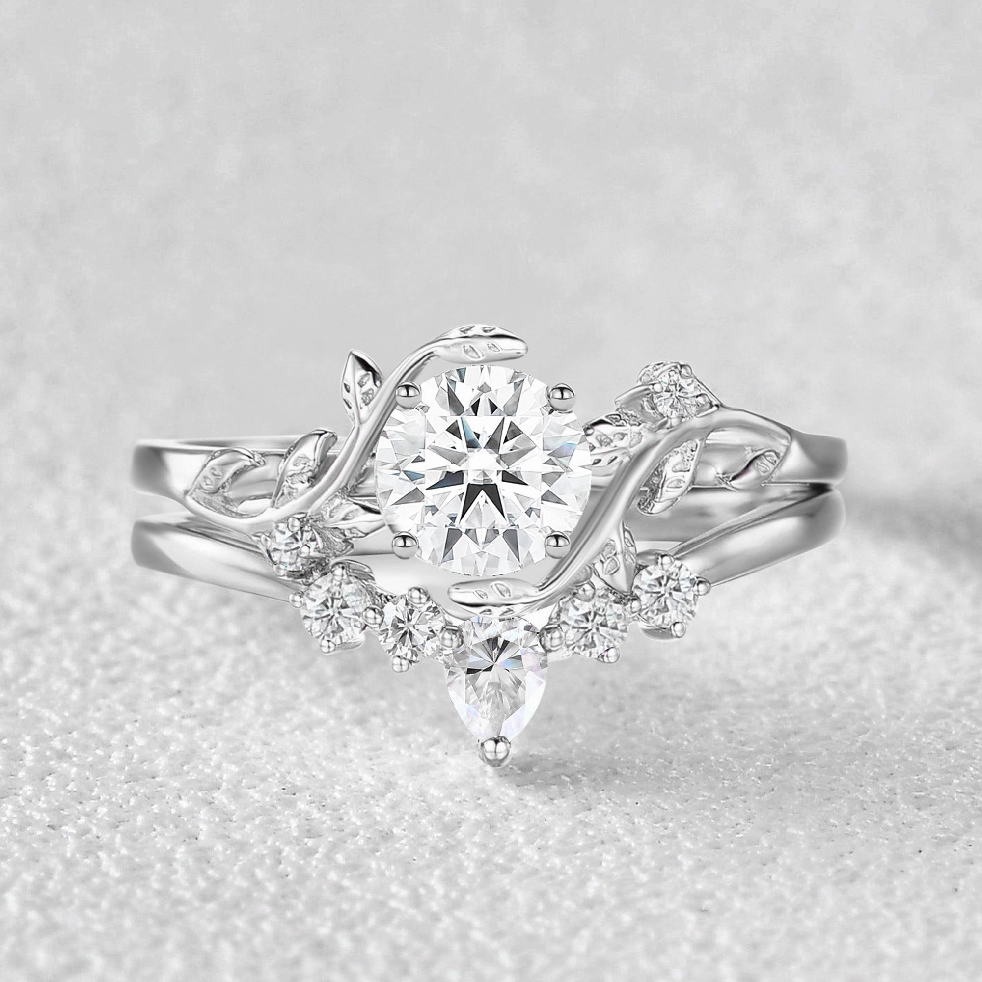 Charming Pieces Unique Round Cut Moss Agate Leafy Bridal Ring Sets 2pcs - Willow