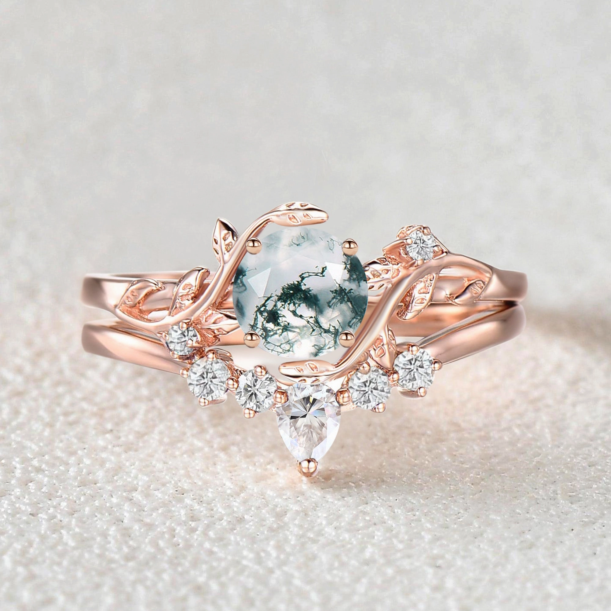 Night Feature Unique Round Cut Moss Agate Leafy Bridal Ring Sets 2pcs - Willow
