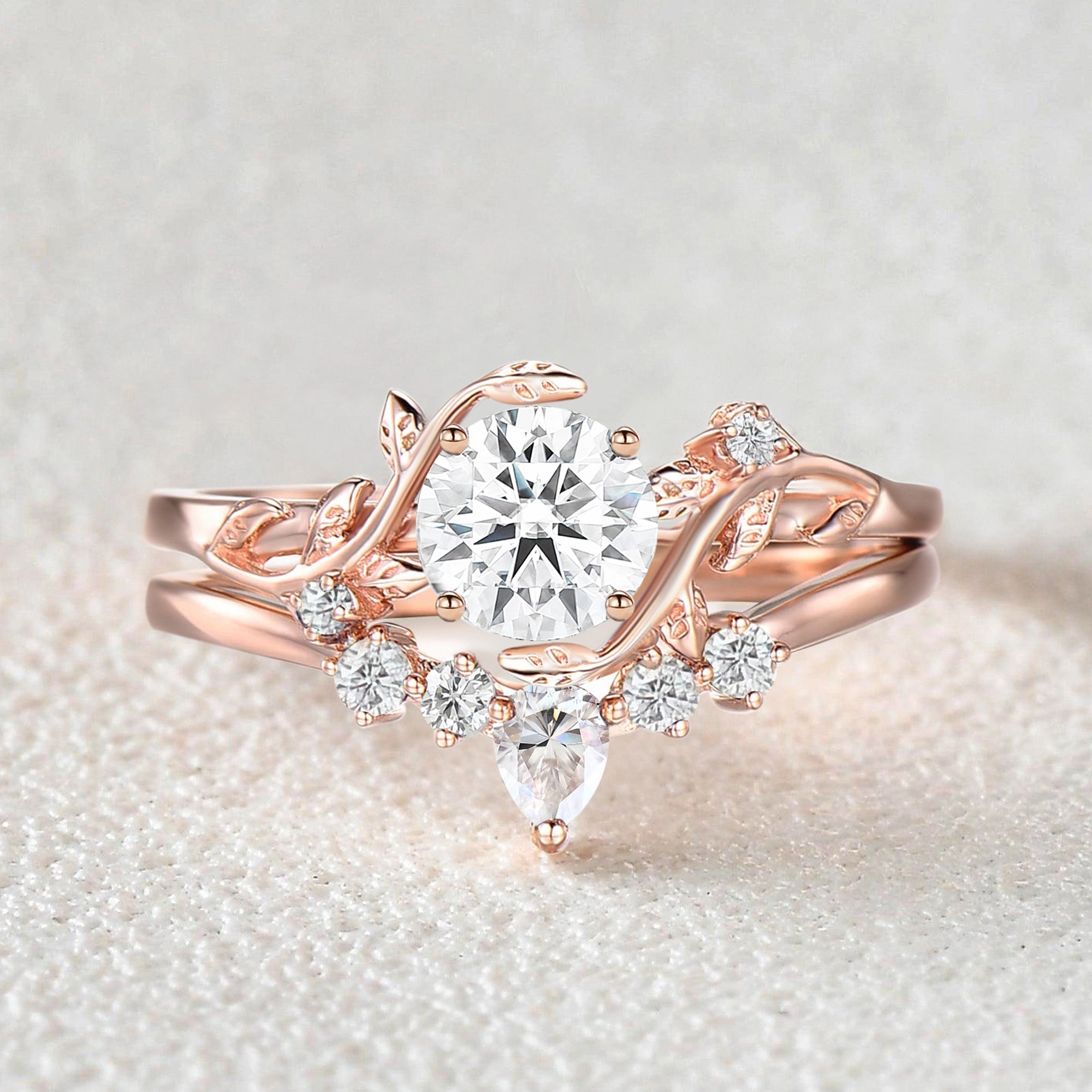 Charming Details Unique Round Cut Moss Agate Leafy Bridal Ring Sets 2pcs - Willow