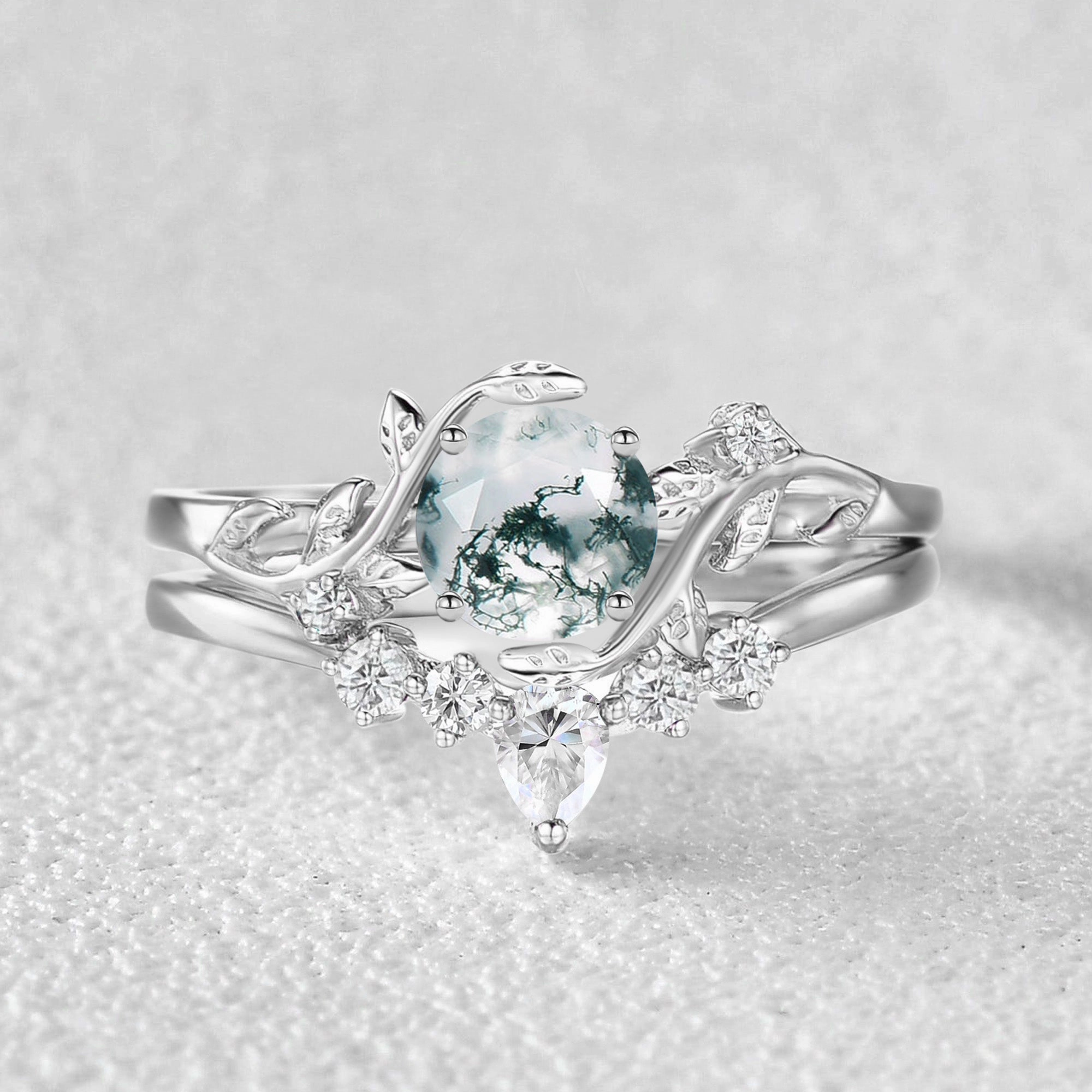 Unique Round Cut Moss Agate Leafy Bridal Ring Sets 2pcs - Willow Exclusive Detail