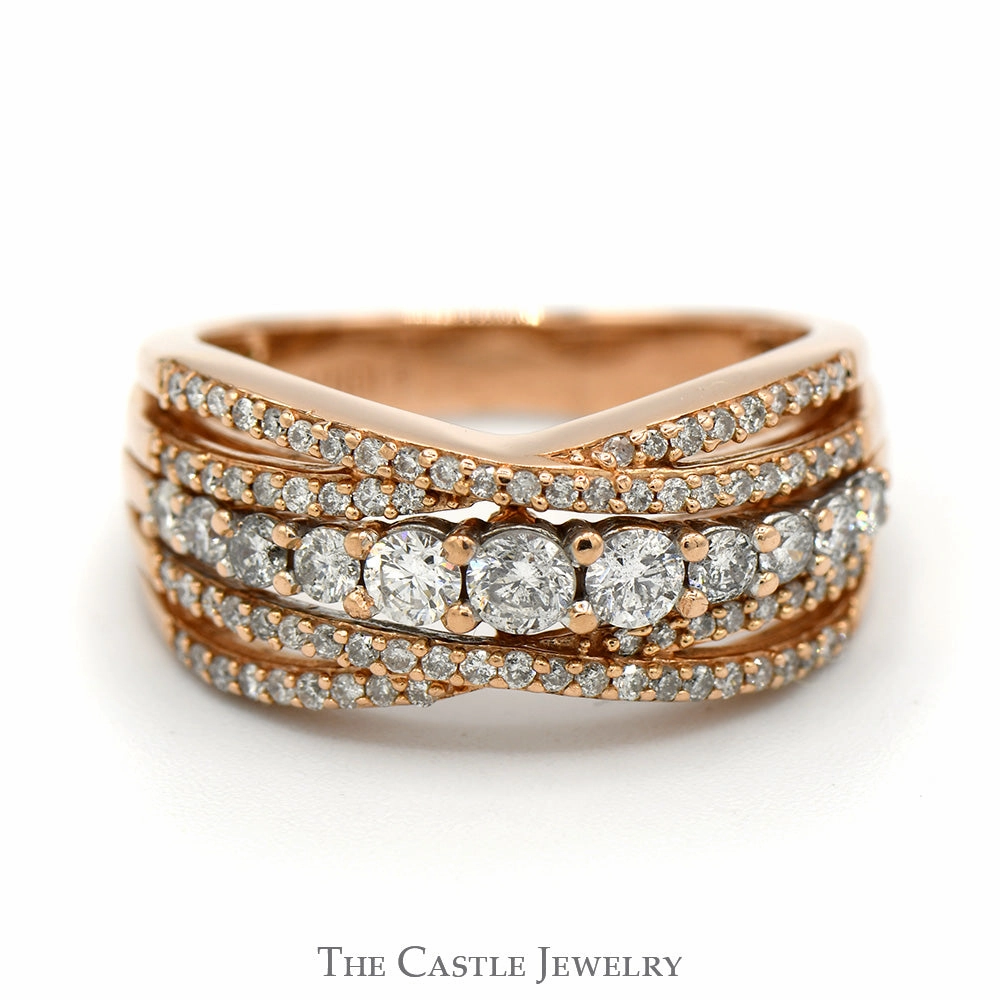 Graduated 3/4cttw Diamond Band with Diamond Accented Twisted Bars in 14k Rose Gold Fashion Icon