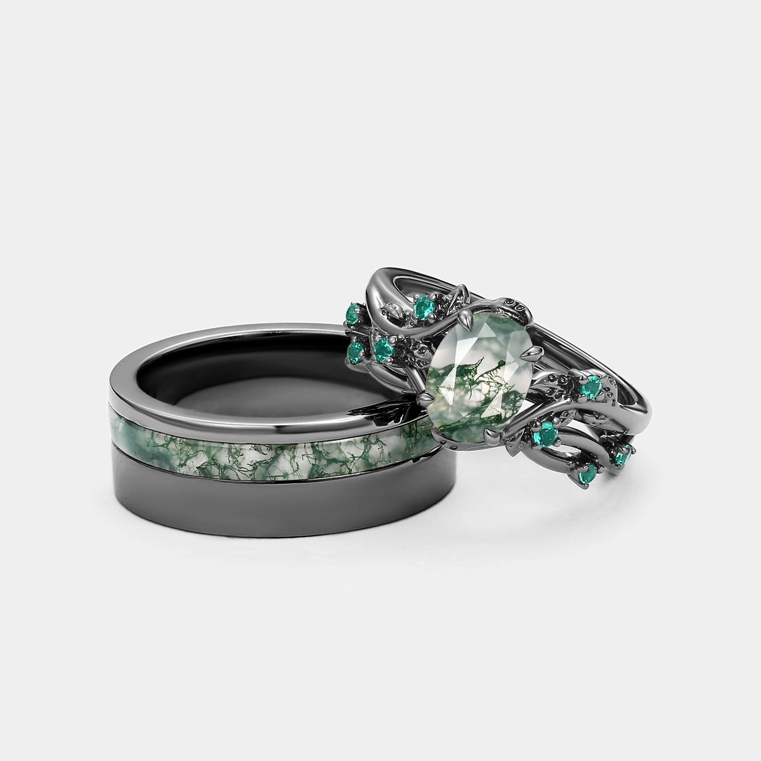 Sleek Edge Trend Setting Nature Inspired - Black Gold Moss Agate Oval Cut Couple Ring Set 3pcs - Mossy