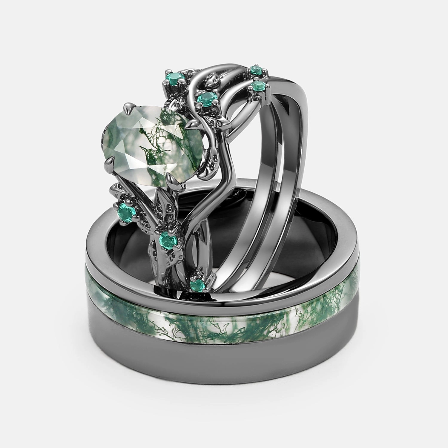 Nature Inspired - Black Gold Moss Agate Oval Cut Couple Ring Set 3pcs - Mossy Gleaming Highlight Modern Elegance