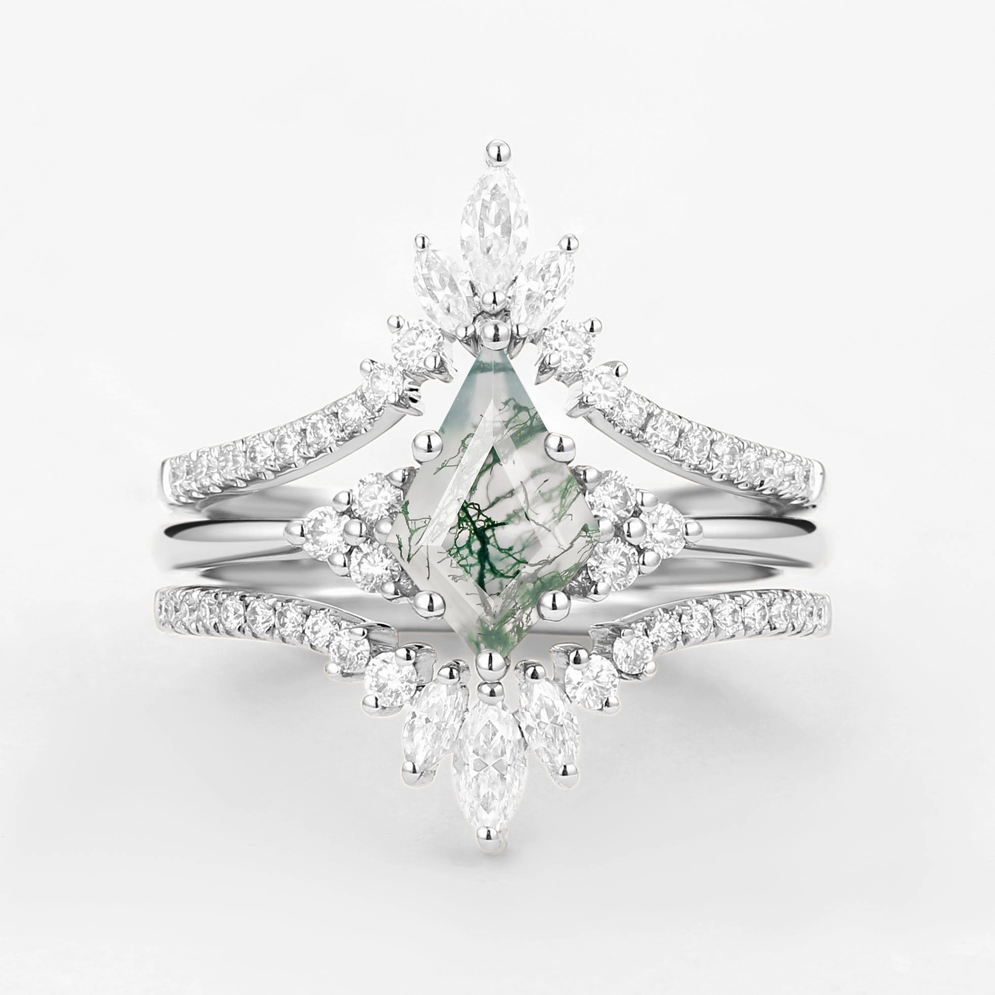 Versatile Style Unique Women Kite Cut Moss Agate Engagement Ring Set 3pcs