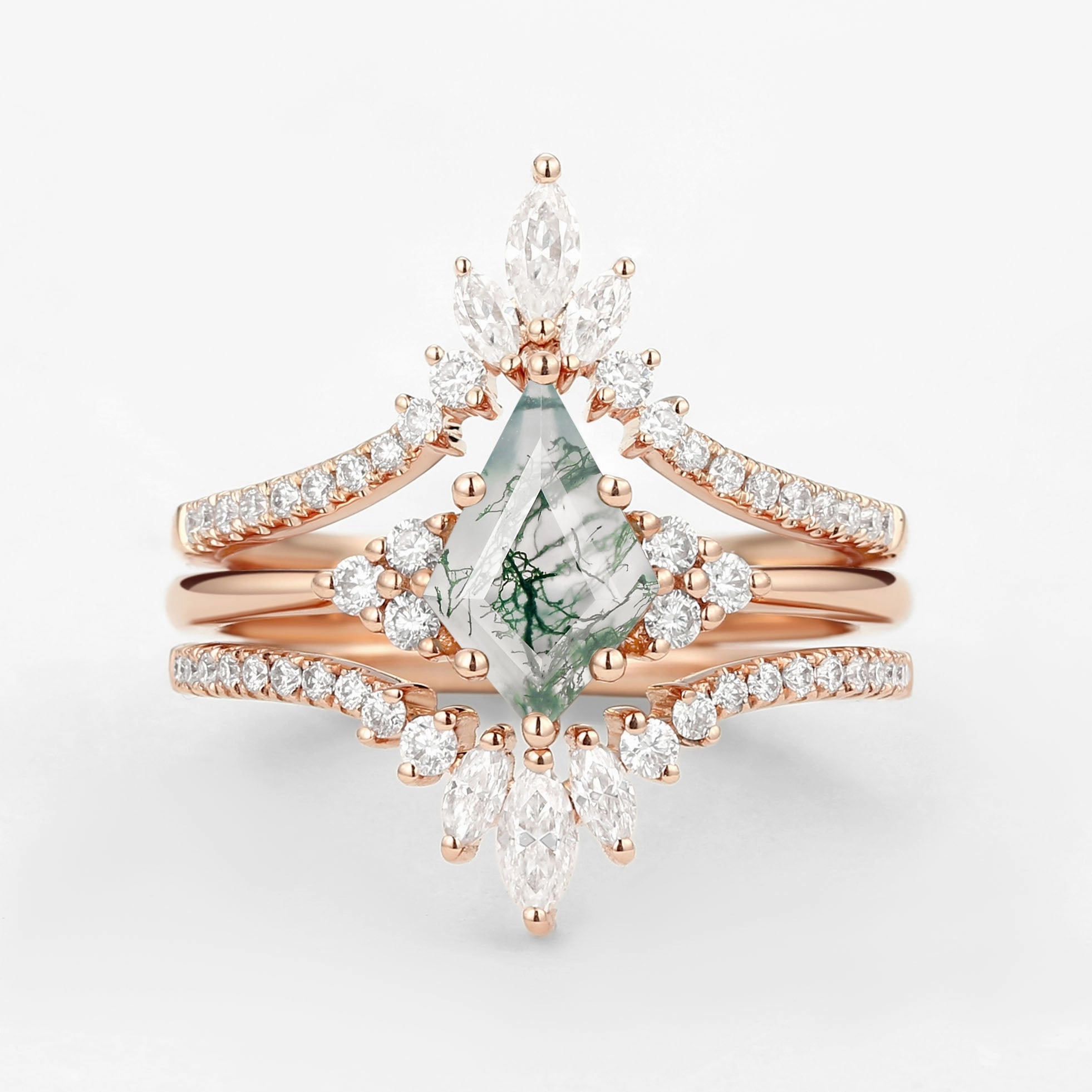 Unique Women Kite Cut Moss Agate Engagement Ring Set 3pcs Refined Sparkle Clear Style