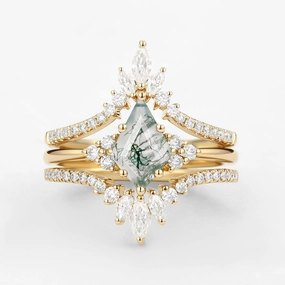 Unique Women Kite Cut Moss Agate Engagement Ring Set 3pcs Modern Line Seasonal Light