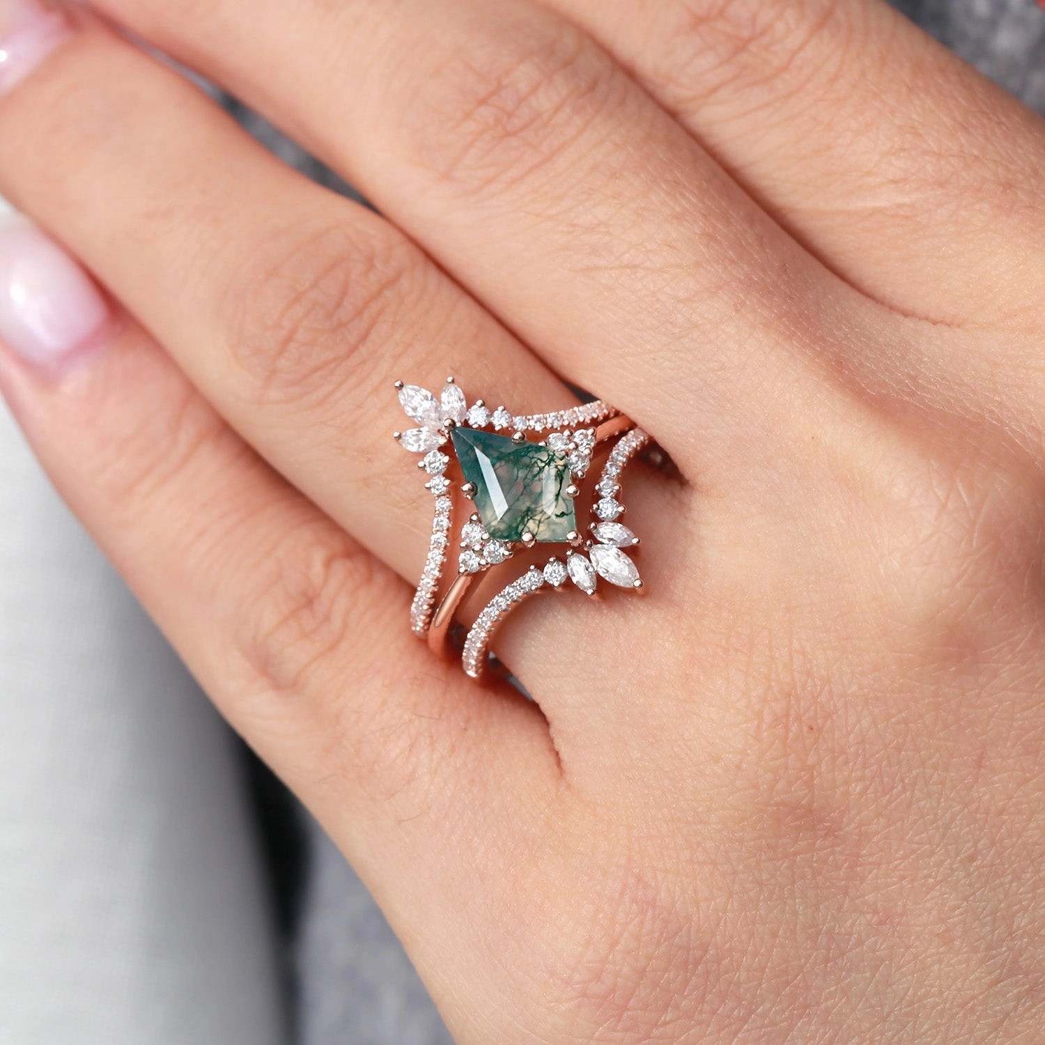 Unique Women Kite Cut Moss Agate Engagement Ring Set 3pcs Night Glam