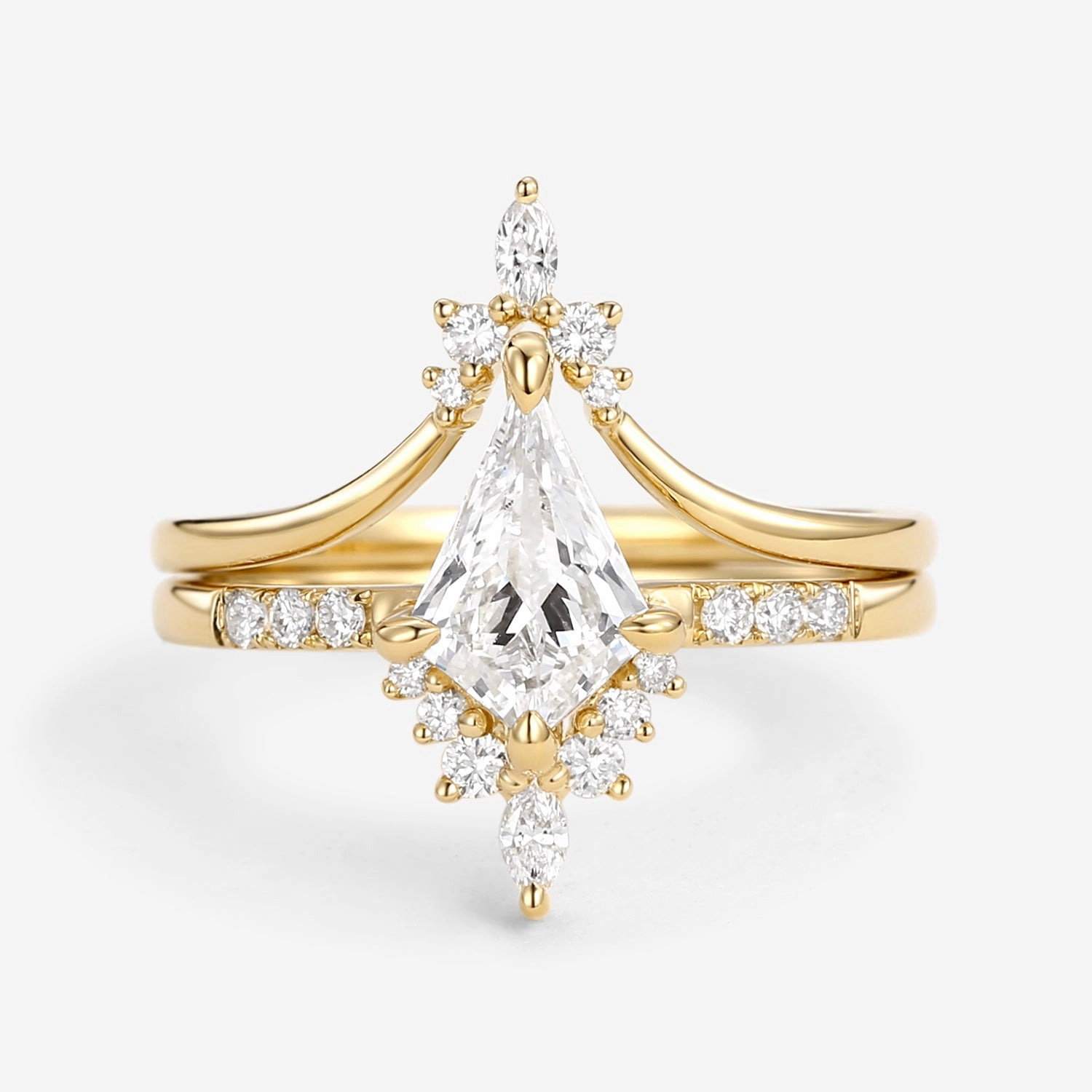 Layered Detail Uniqueness Moissanite Curved Engagement Ring Set 2pcs - Starla