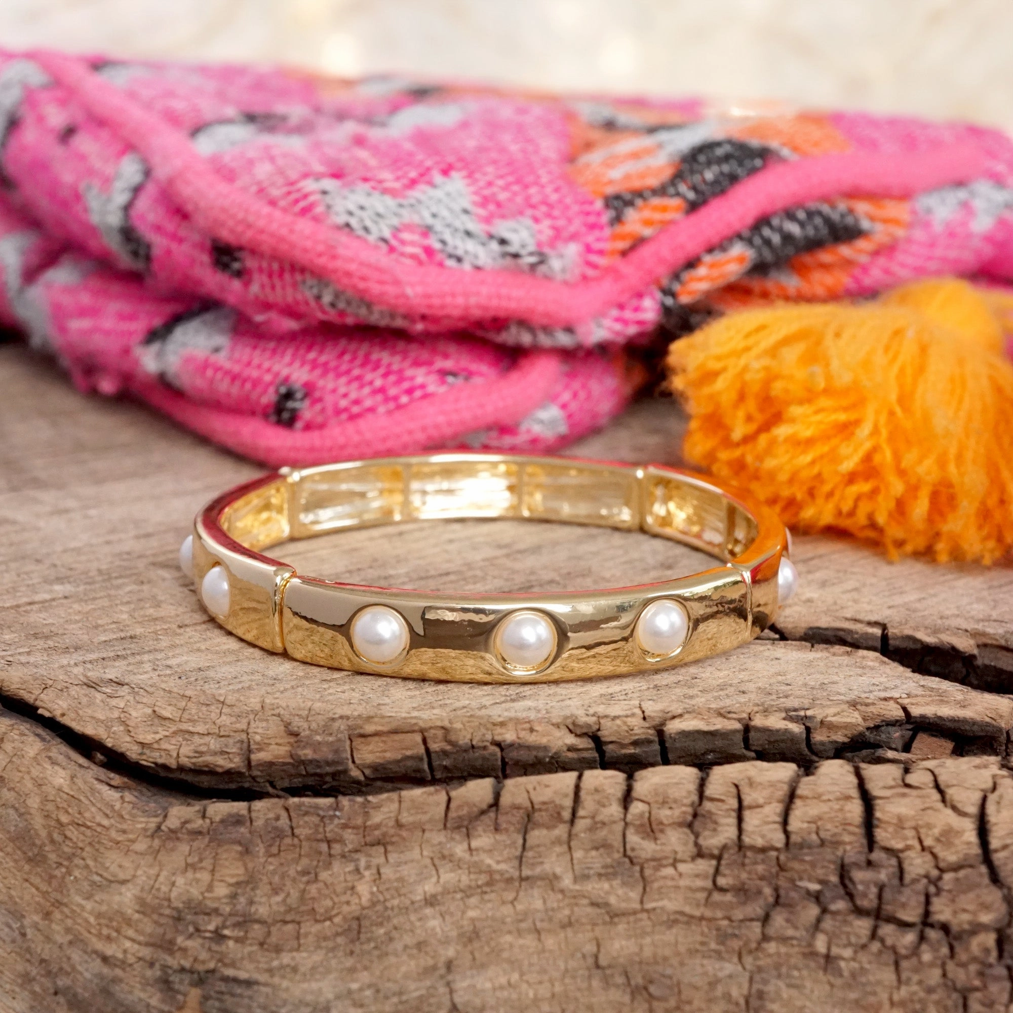 Coastal vibe Friendship Bond Eternity Stretchy Stackable Bangle Gold Tone Pearls