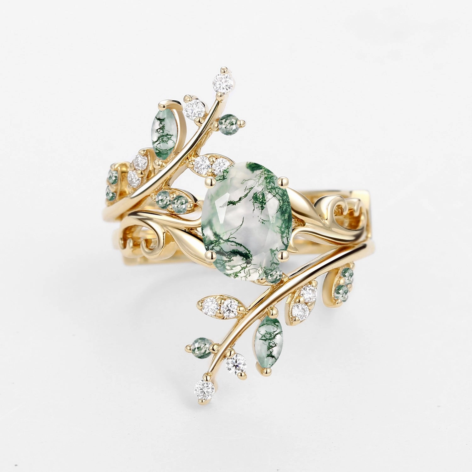 Precious Shine Oval Shaped Moss Agate Engagement Ring Sets 2PCS - Talasi