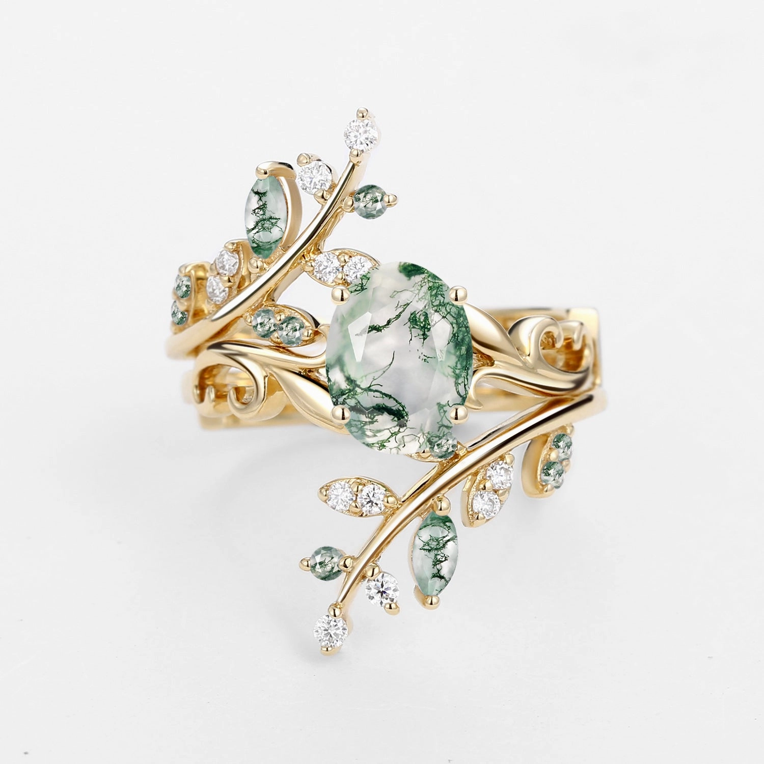 Oval Shaped Moss Agate Engagement Ring Sets 2PCS - Talasi Creative Edge Modern Fit