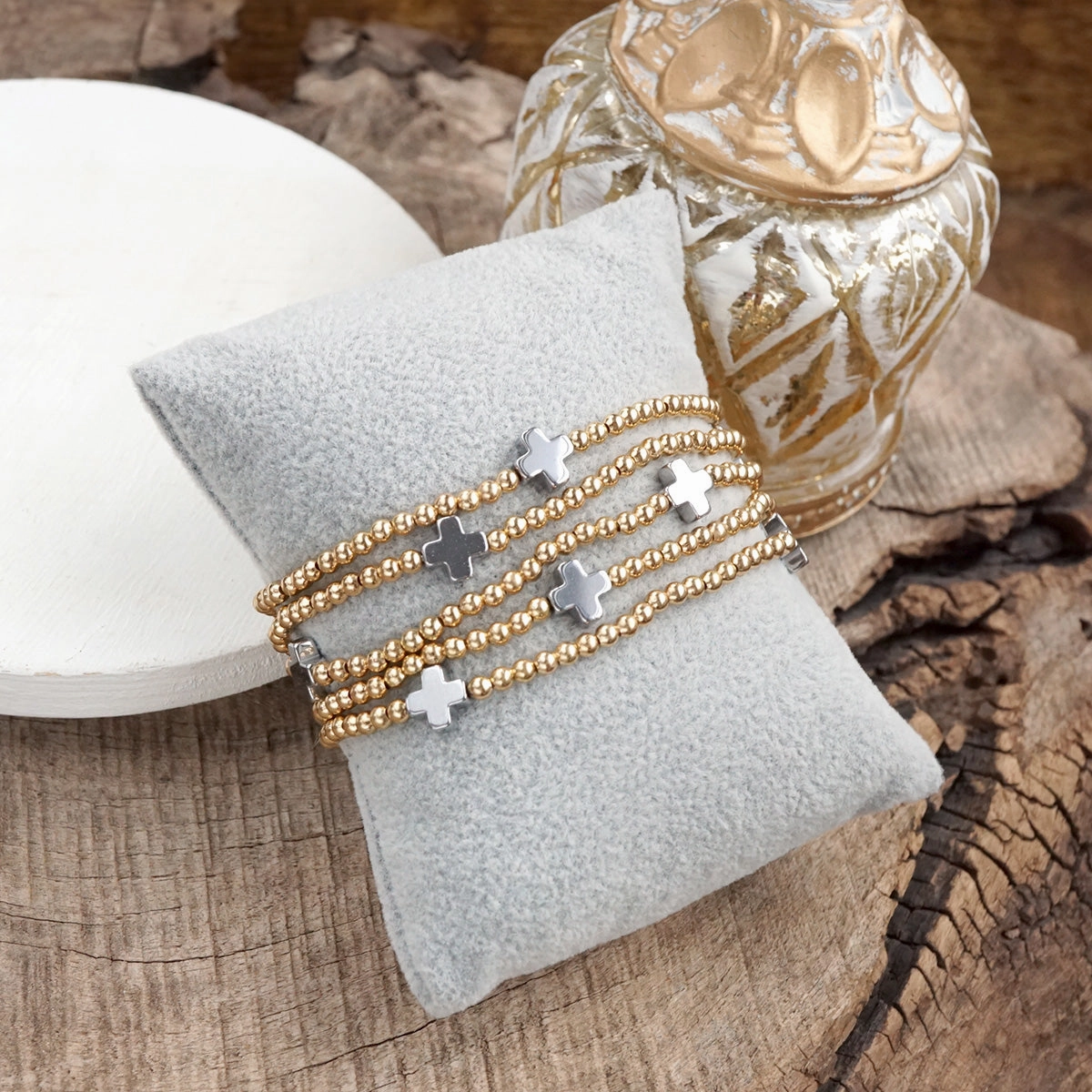 Crosslight Cascade ?C 5-Piece Gold Bead & Silver Cross Station Bracelet Set Maximum Value