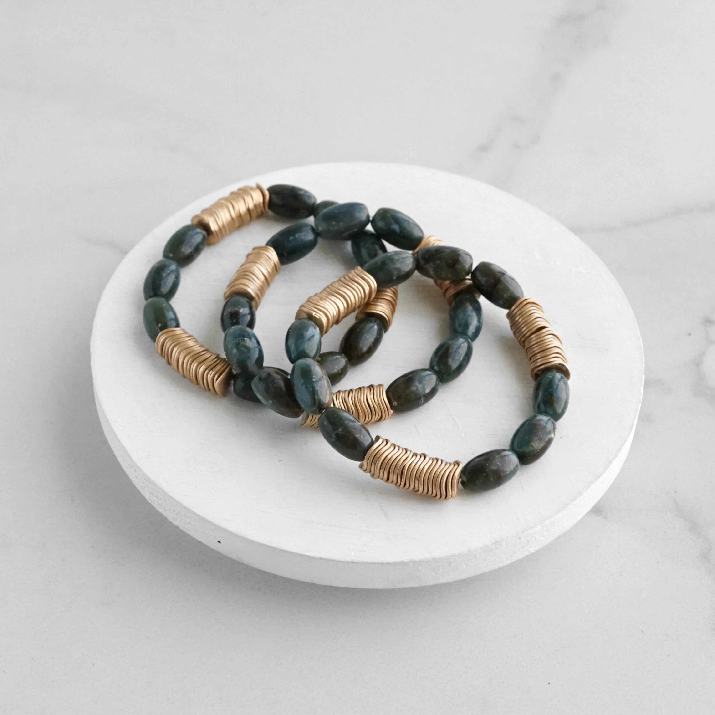 Ancestral Blessing Marbled Glass Oval Beads Stack of 3 bracelets with golden discs Boho Bracelet Set