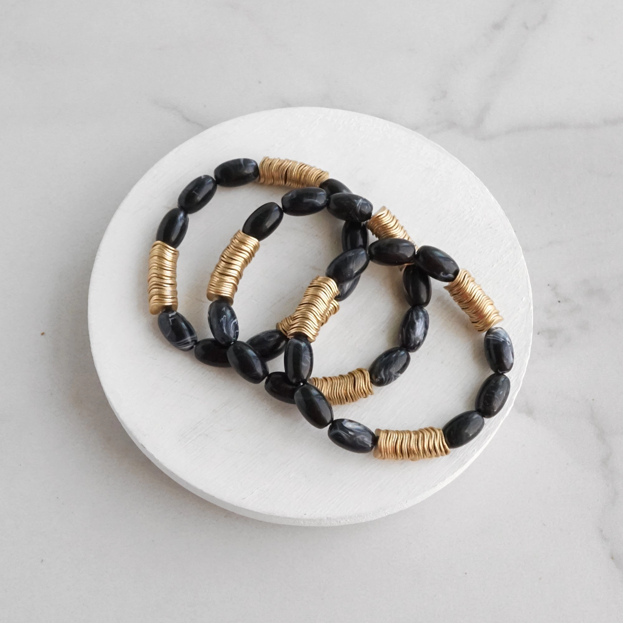 Immaculate Detail Impeccably Presented Marbled Glass Oval Beads Stack of 3 bracelets with golden discs Boho Bracelet Set