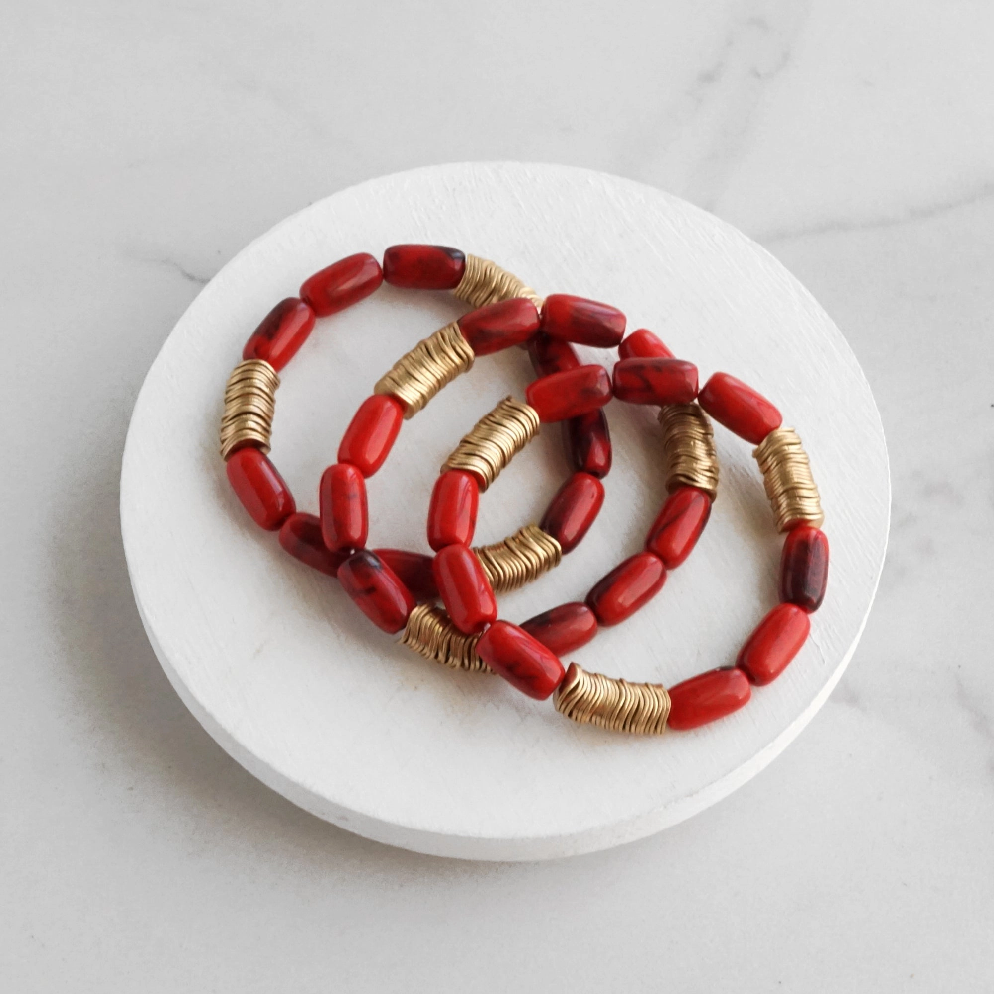 Memorable Trip Weekend Casual Marbled Glass Oval Beads Stack of 3 bracelets with golden discs Boho Bracelet Set
