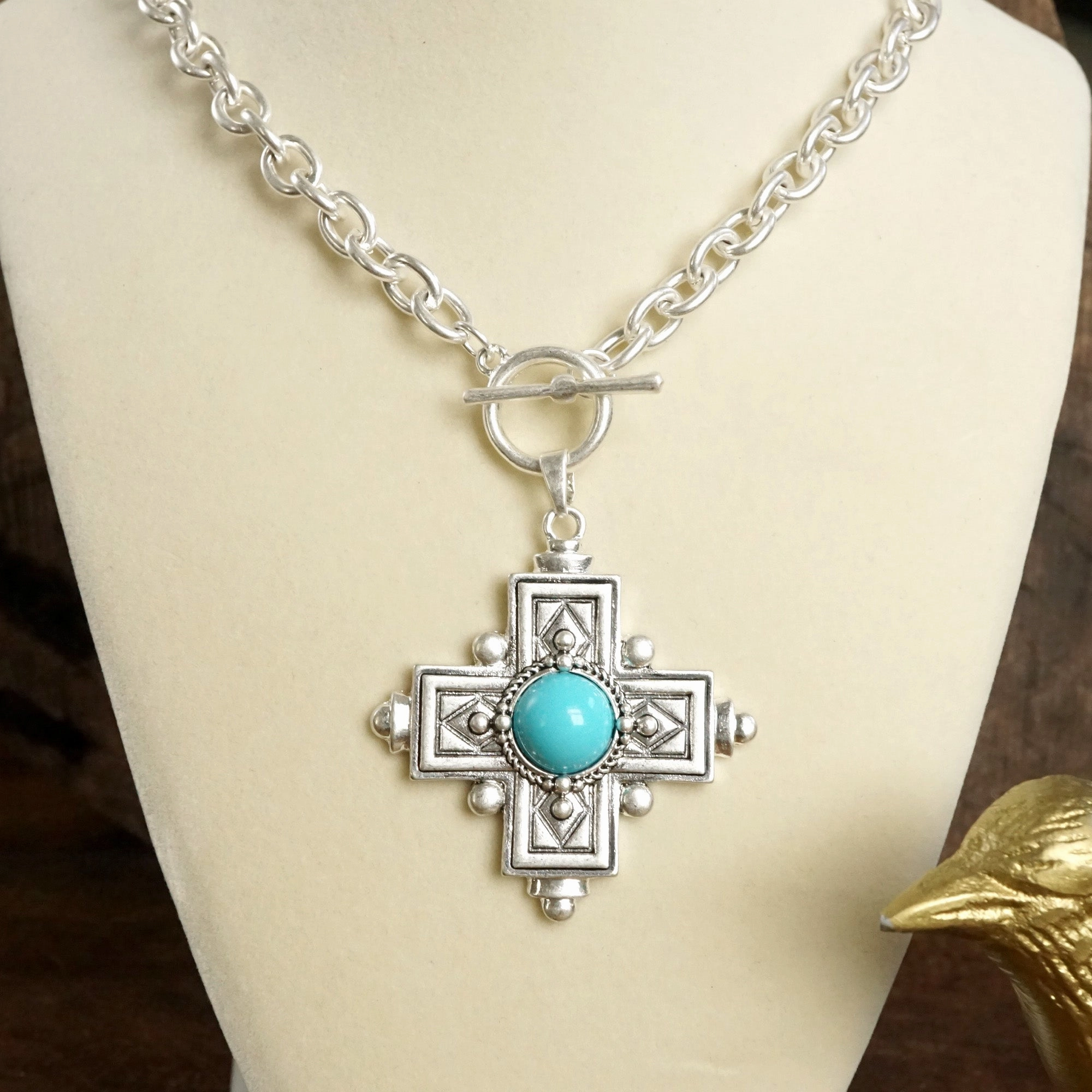 Decorative Cross Necklace Worn Gold or Silver Tone Front Toggle and Turquoise Everyday Style Casual Accent