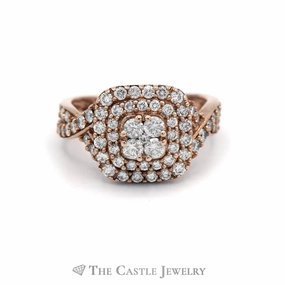 1CTTW Double Halo Engagement Ring with Diamond Sides in 10KT Rose Gold Artisan Style