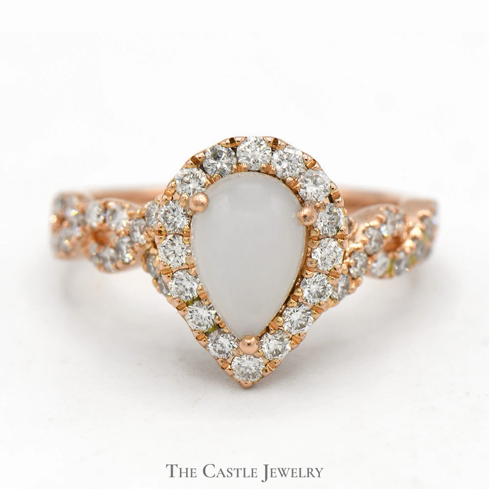 Neil Lane Designer Pear Cut Moonstone Ring with Diamond Accented Twisted Sides in 14k Rose Gold Neutral palette Classic Accent