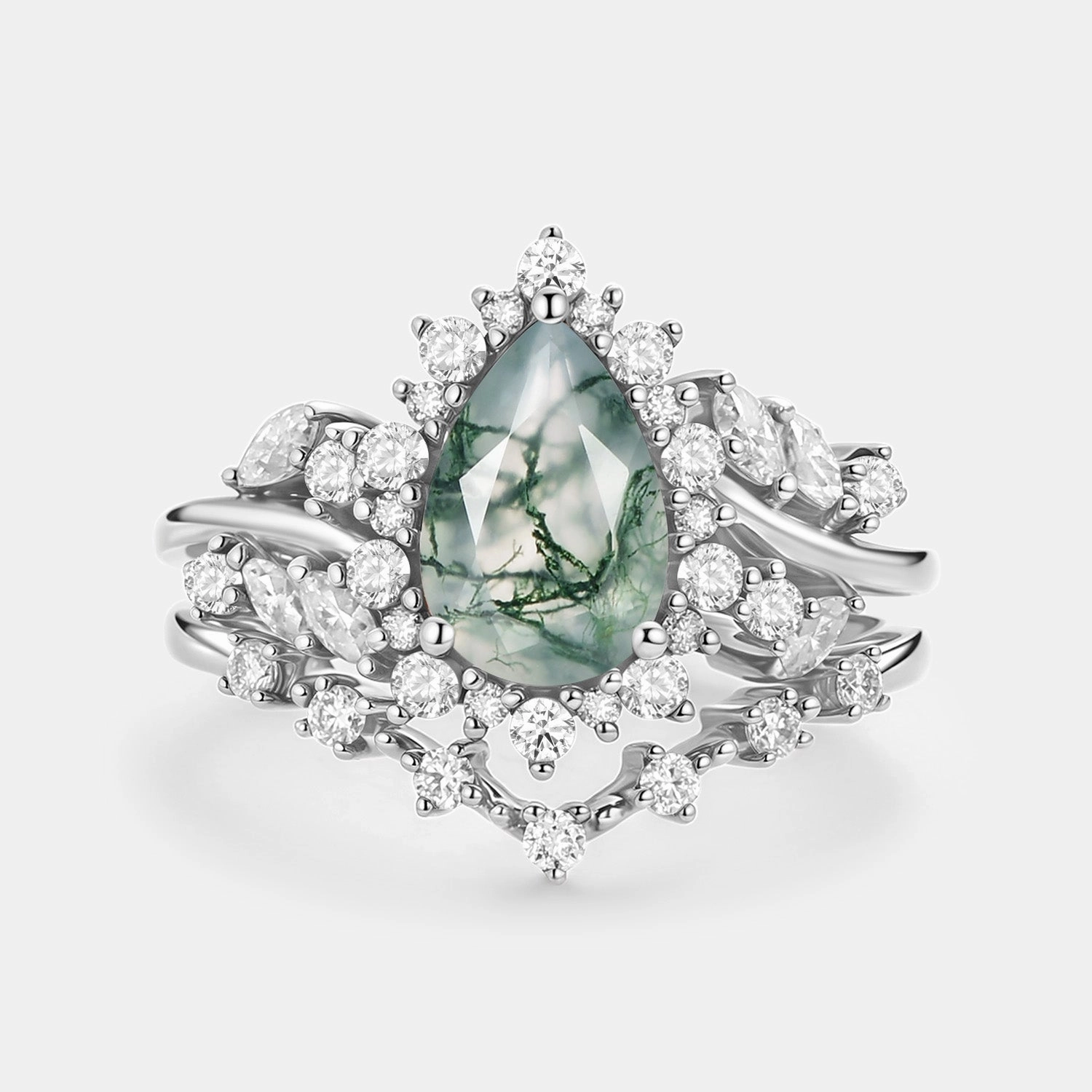Pear Cut Moss Agate Cluster Engagement Ring Set 2pcs - Kaelin Chic Glance Subtle Finish