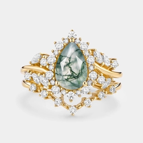 Stylish Addition Season Match Pear Cut Moss Agate Cluster Engagement Ring Set 2pcs - Kaelin