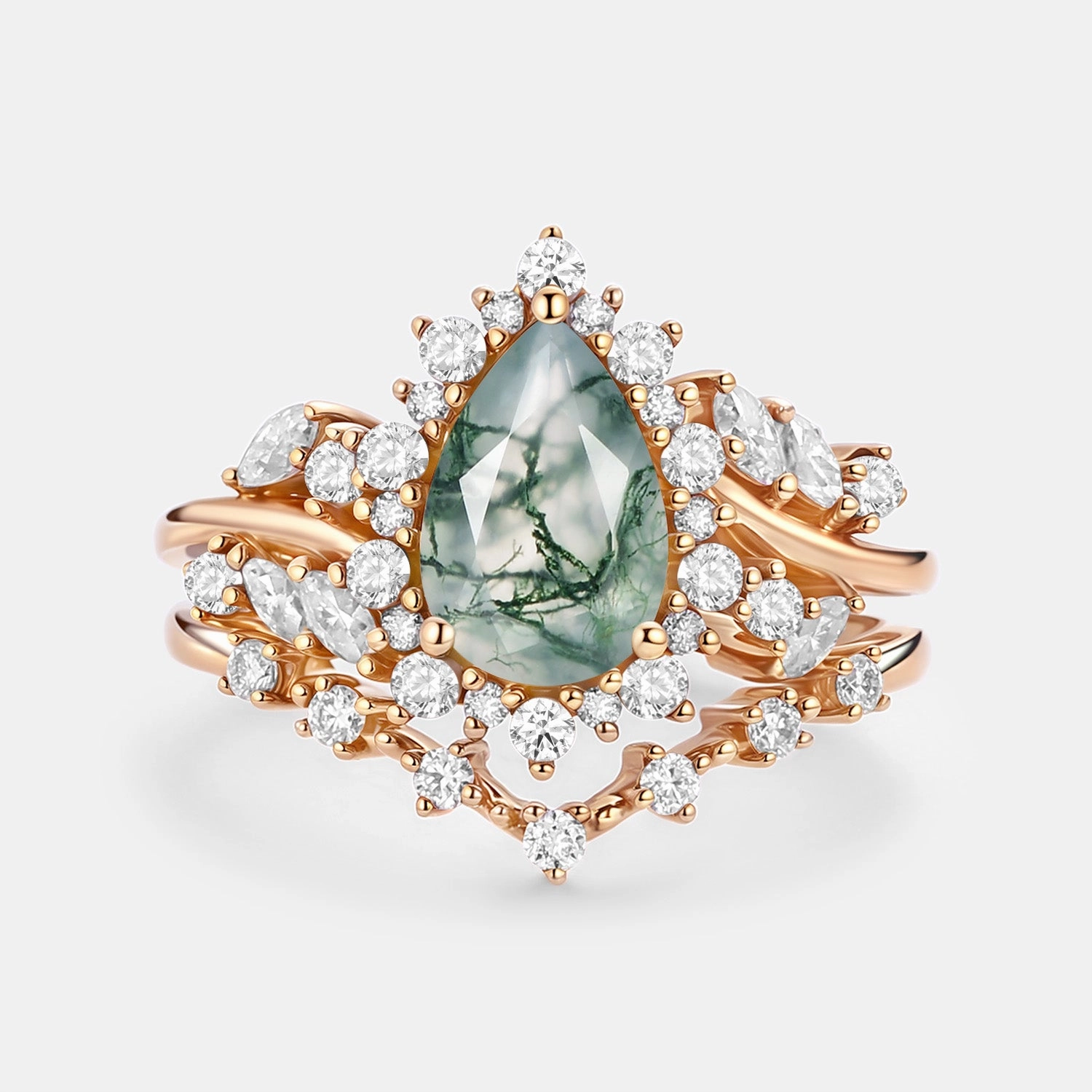 Vibrant Touch Lustrous Glow Pear Cut Moss Agate Cluster Engagement Ring Set 2pcs - Kaelin