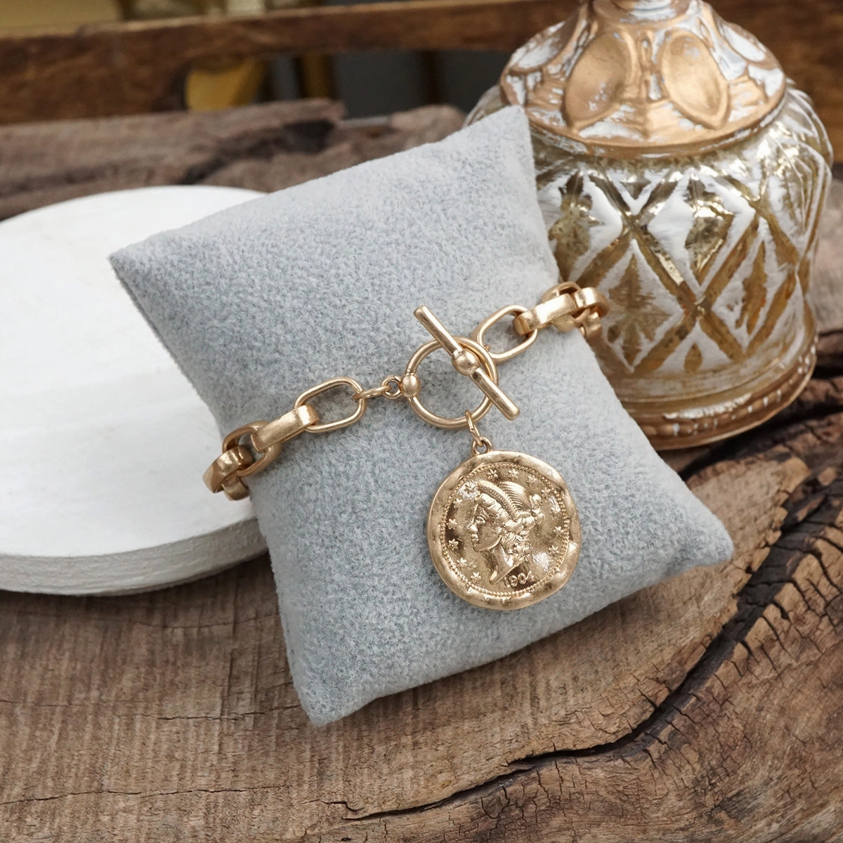 Joint Possession Urban Token ?C Cable Chain Toggle Bracelet with Coin Charm