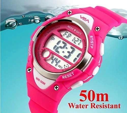 V2A Kids Black LED Backlight Stainless Steel Case Waterproof Digital Sports Casual Watch For Boys And Girls