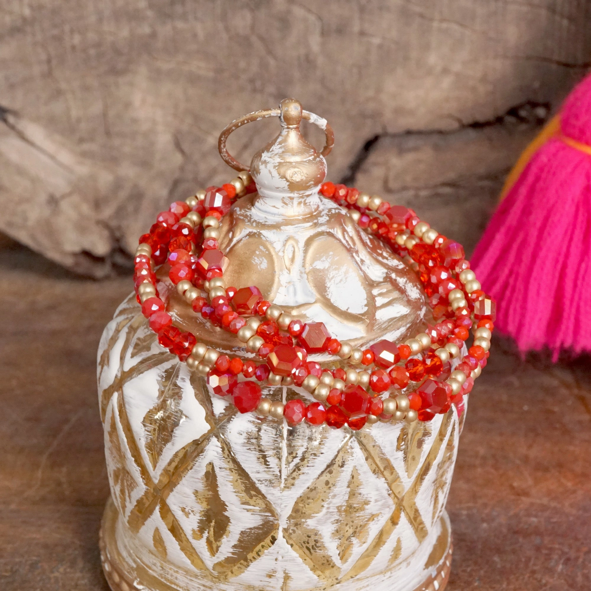 Layered Red Glass & Gold Beaded Bracelet Set Retro Feels