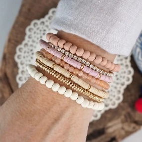 First Look Beaded Bracelets stack of 7 in Pink and Neutral tones