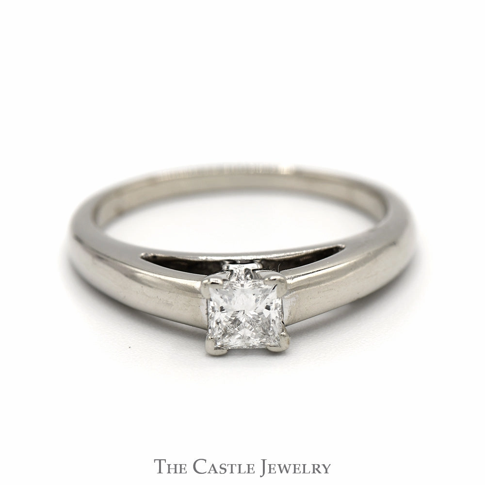 1/2ct Princess Cut Diamond Solitaire Engagement Ring in 14k White Gold Cathedral Mounting Gloss Detail Evening Spark