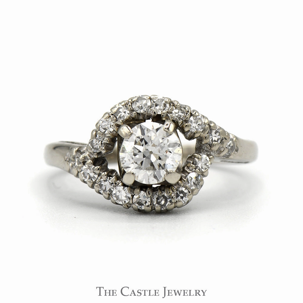 1/2ct Old Mine Cut Diamond Ring with Diamond Accented Bypass Sides in 14k White Gold Daytime Fashion Affordable Piece