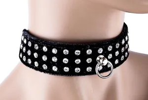 Velvet Choker With Three Rows Rhinestones And O Ring