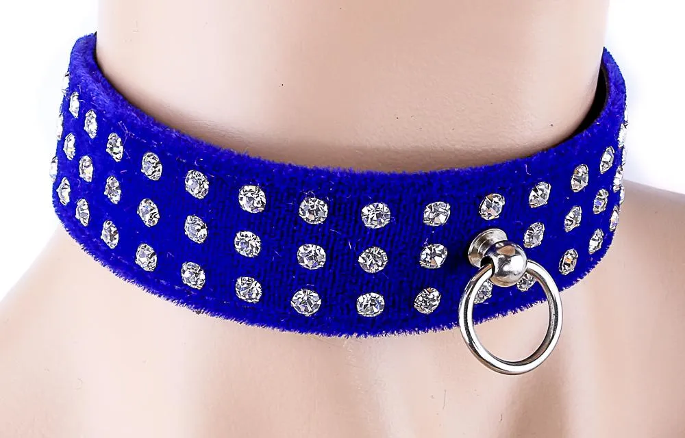 Velvet Choker With Three Rows Rhinestones And O Ring