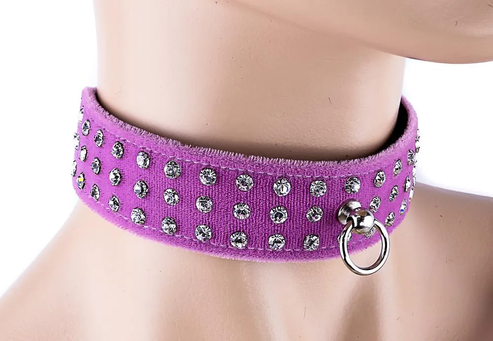 Velvet Choker With Three Rows Rhinestones And O Ring