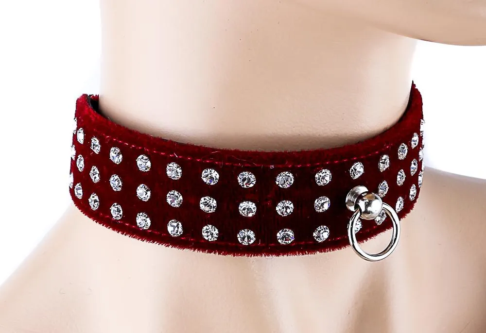 Velvet Choker With Three Rows Rhinestones And O Ring